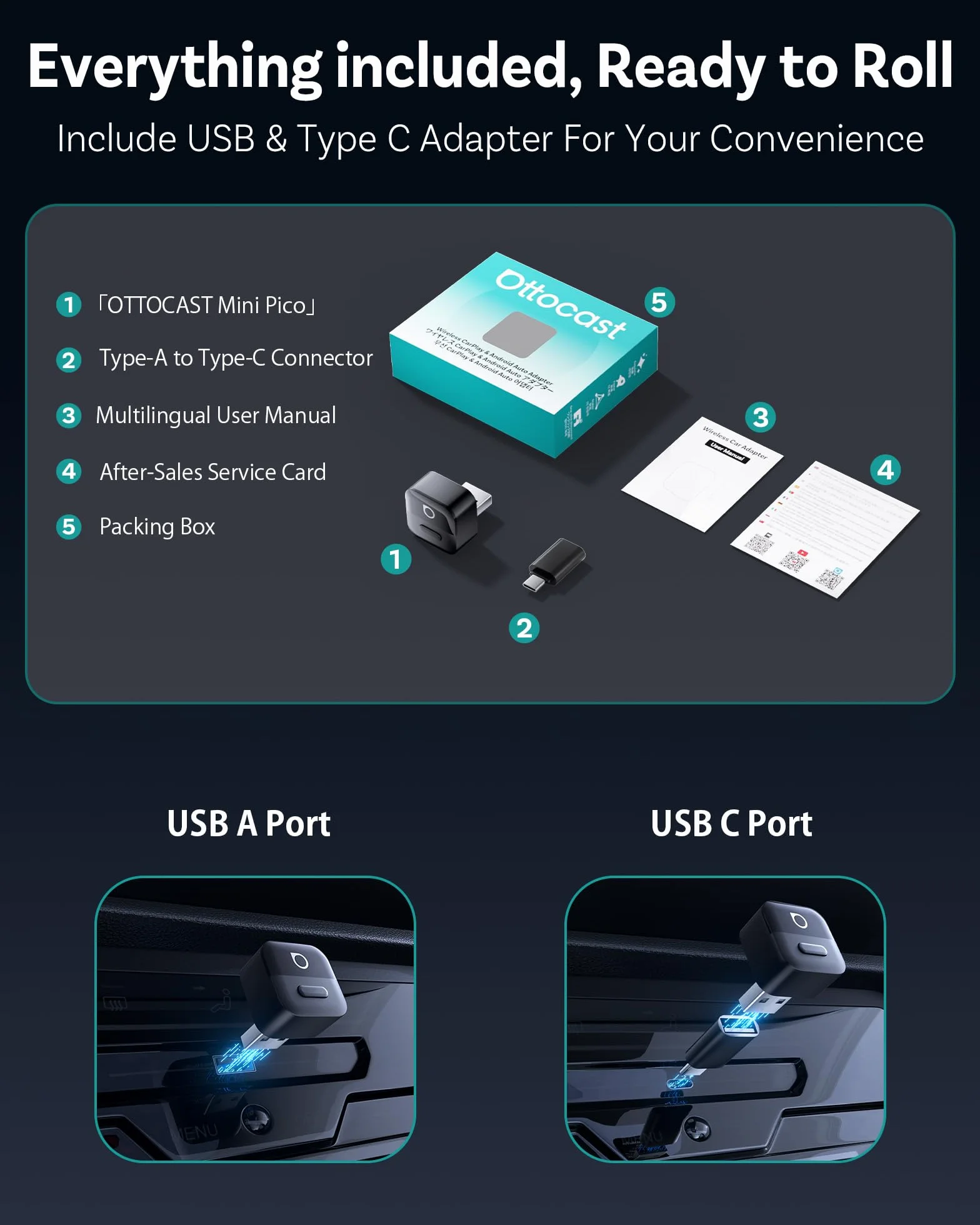 OTTOCAST Mini Pico 2026 CarPlay & Android Auto bezprzewodowy adapter, Smart Button, 5-8s Auto Connect, Plug & Play, USB-A/USB-C, aktualizacja OTA, przewodowy na bezprzewodowy (iOS 10+/Android 11+)