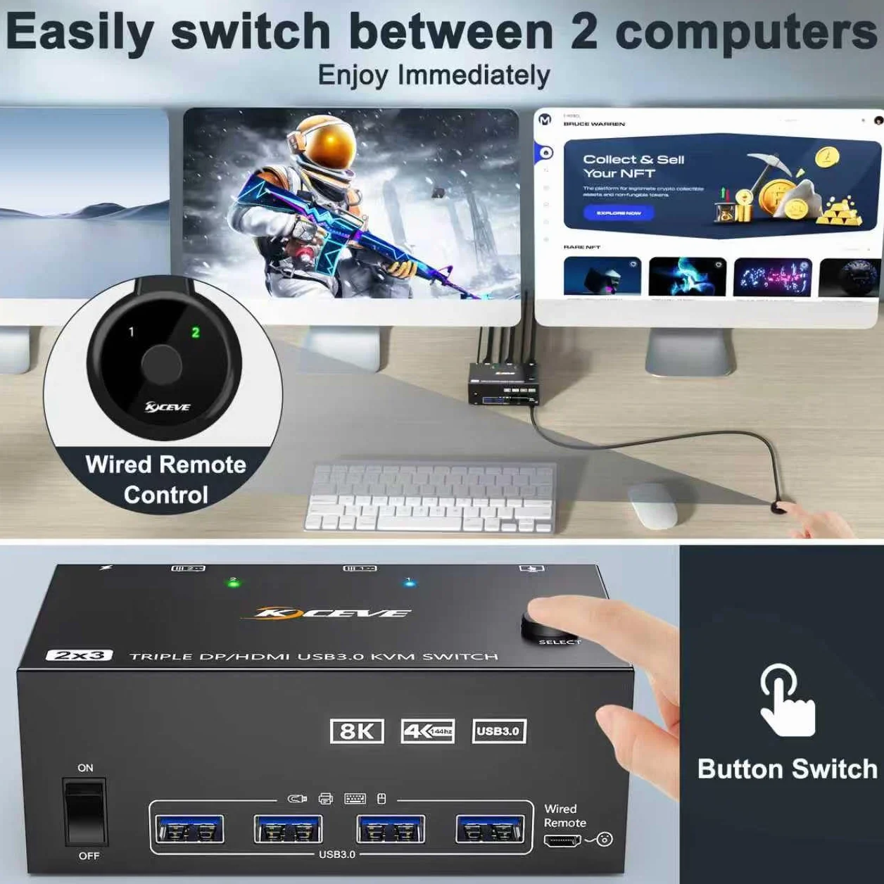 KVM Switch 2 Computers 3 Monitors 8K@60Hz 4K@144Hz, MLEEDA HDMI + 2 Displayport 3 Monitor KVM Switch 2 Computers Dzielenia 3 Monitors i 4 Porty USB 3.0, z Adapter Zasilania, Przewodowy Pilot i 5 Kable