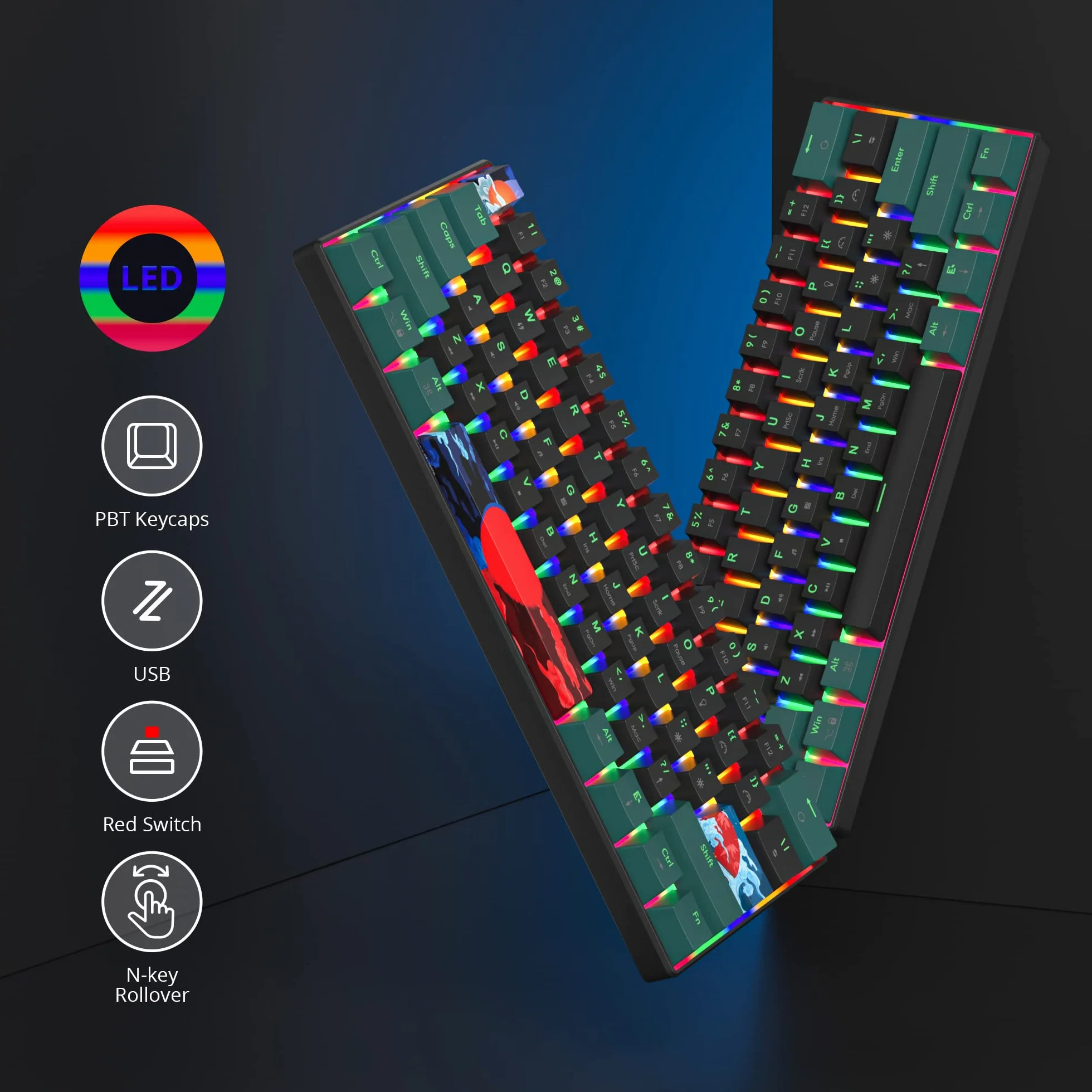 SOLIDEE 60% Mechaniczna klawiatura do gier,61 klawiszy z przełącznikami liniowymi mechaniczna klawiatura z podświetleniem LED,ergonomiczna klawiatura z mieszany oświetleniem(61 Black-Green)