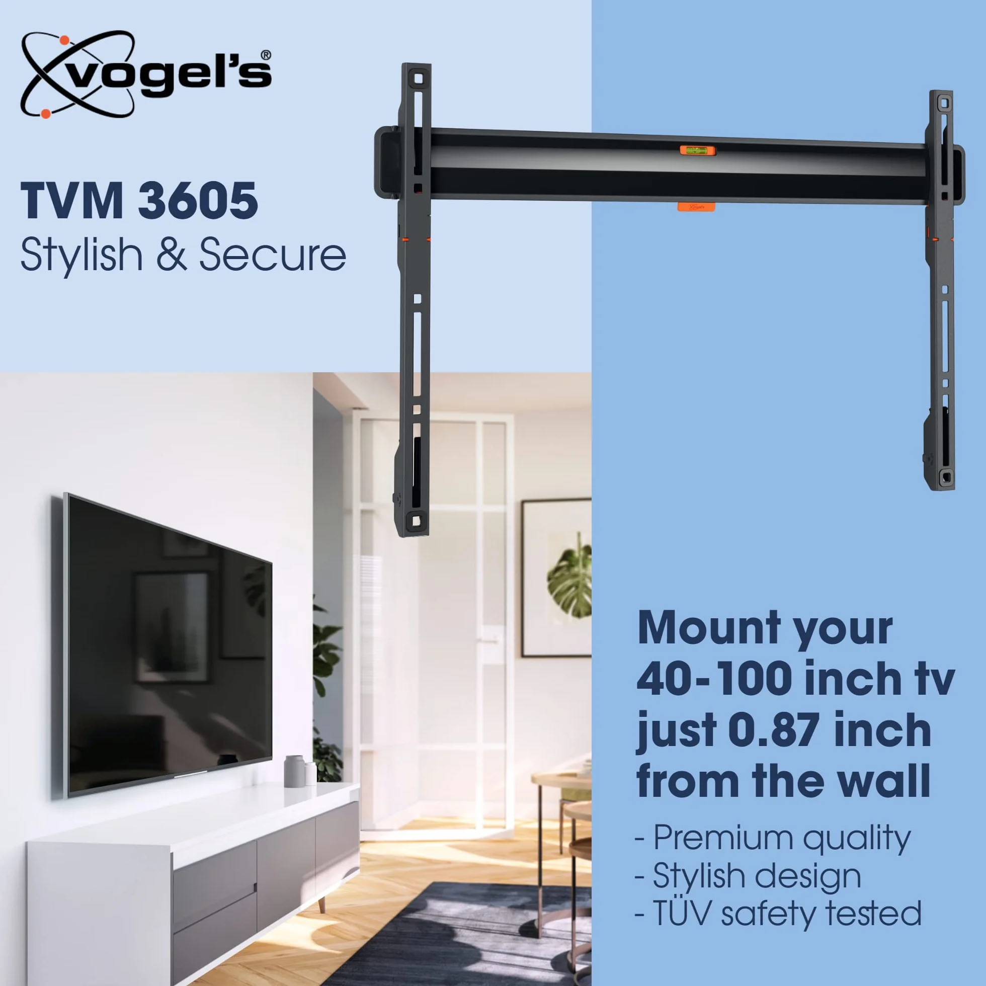 Vogel's TVM 3605 płaski uchwyt ścienny do telewizorów 40-100 cali, maks. 75 kg, uchwyt TV maks. VESA 600 x 400, uniwersalna kompatybilność, odległość od ściany tylko 2,2 cm