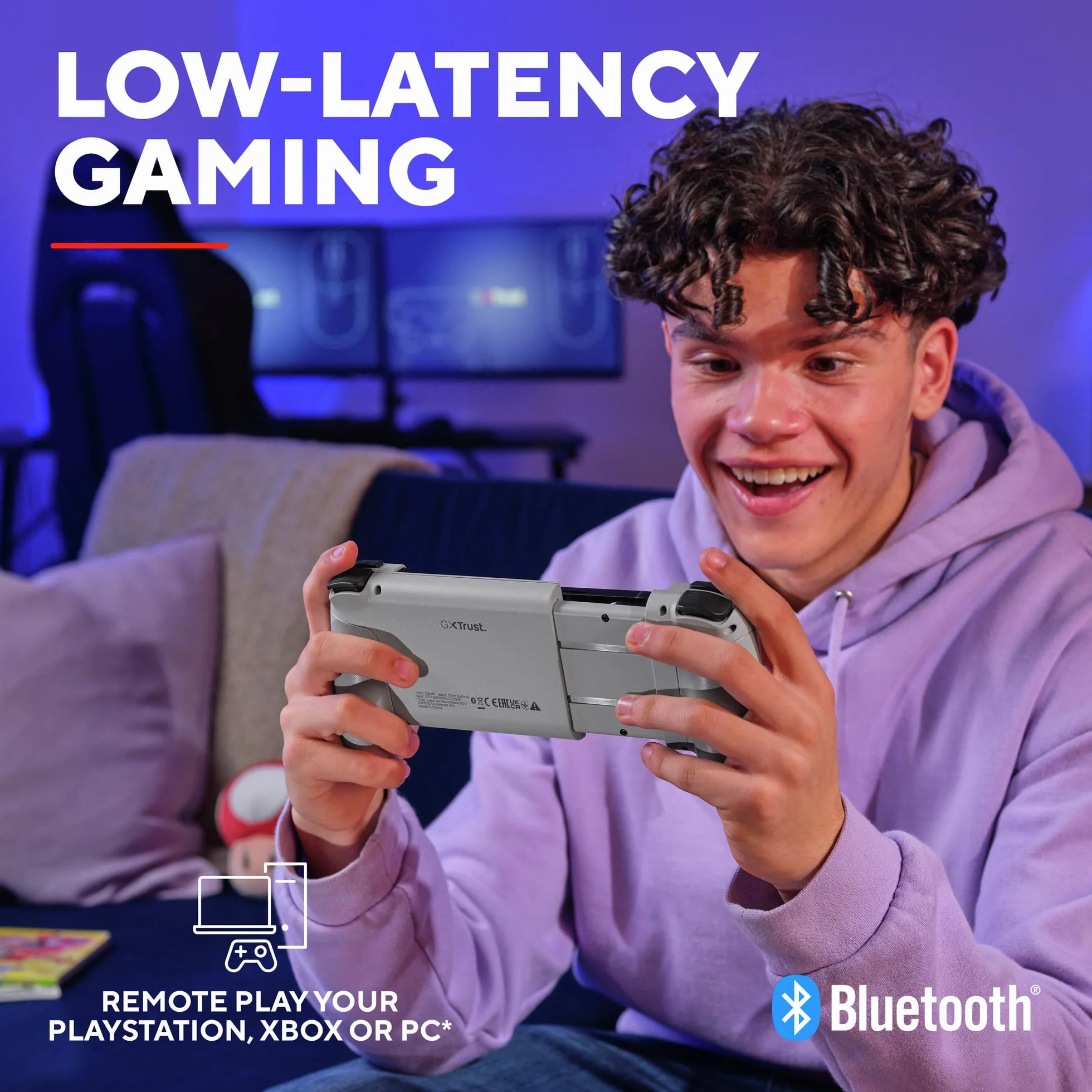Trust Gaming GXTrust 735G Mylox Kontroler do Gier z Uchwytem na Telefon iPhone Android PS5 Xbox, Akumulator do 12h, Gamepad Bluetooth do Smartfona, Podświetlenie LED RGB, 18 Przycisków, Szary