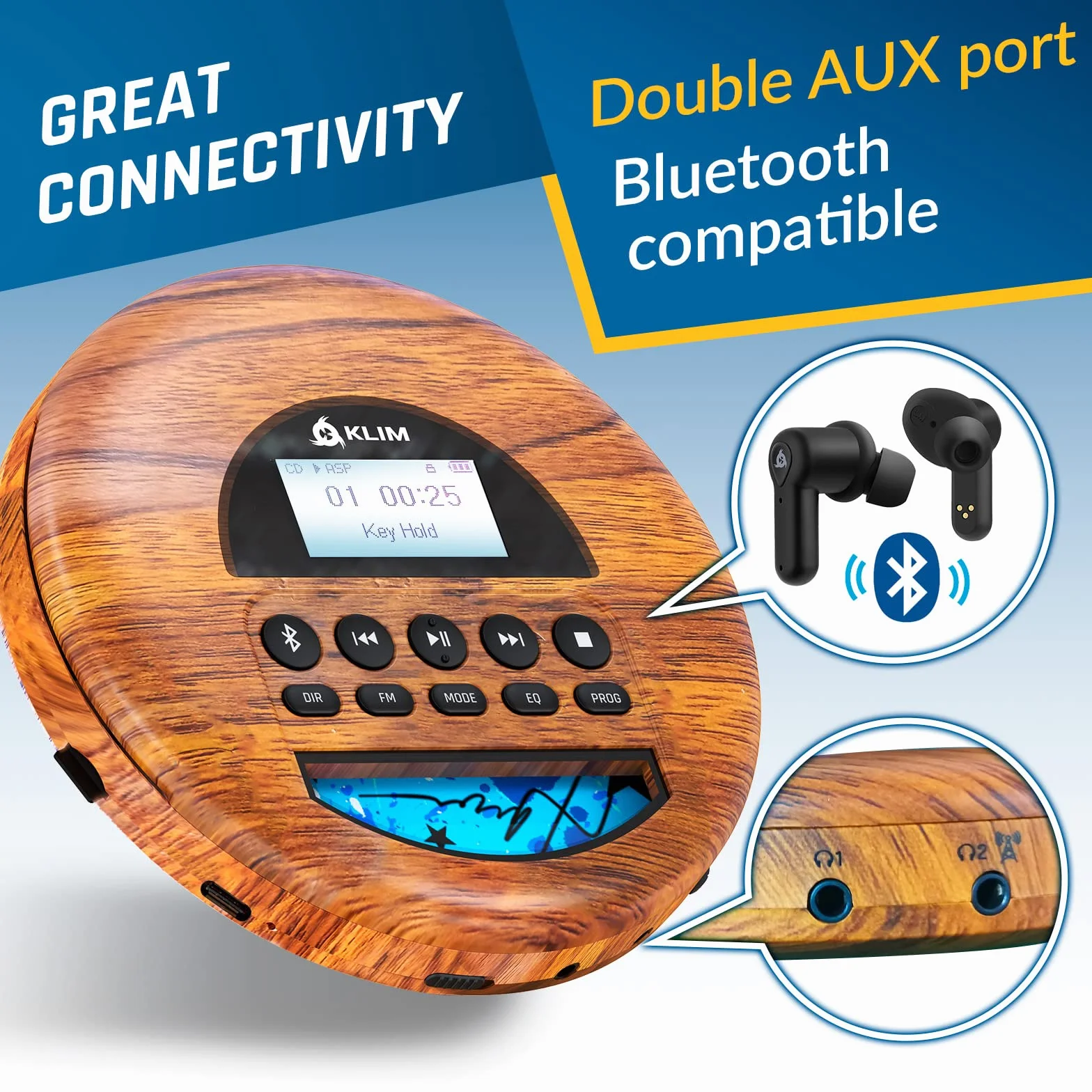 KLIM Nomad Wood Przenośny odtwarzacz CD MP3 Bluetooth Radio FM