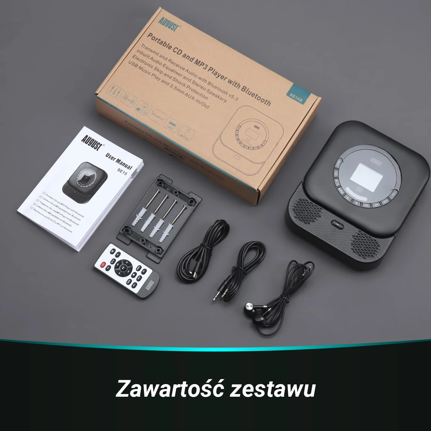 August SE15 Przenośny odtwarzacz CD z Bluetooth 5.3,portem USB,AUX 3.5 mm-odtwarzacz CD wbudowaną baterią,korektorem dźwięku,ochroną przed wstrząsam-w zestawie uchwyt ścienny,słuchawki i pilot