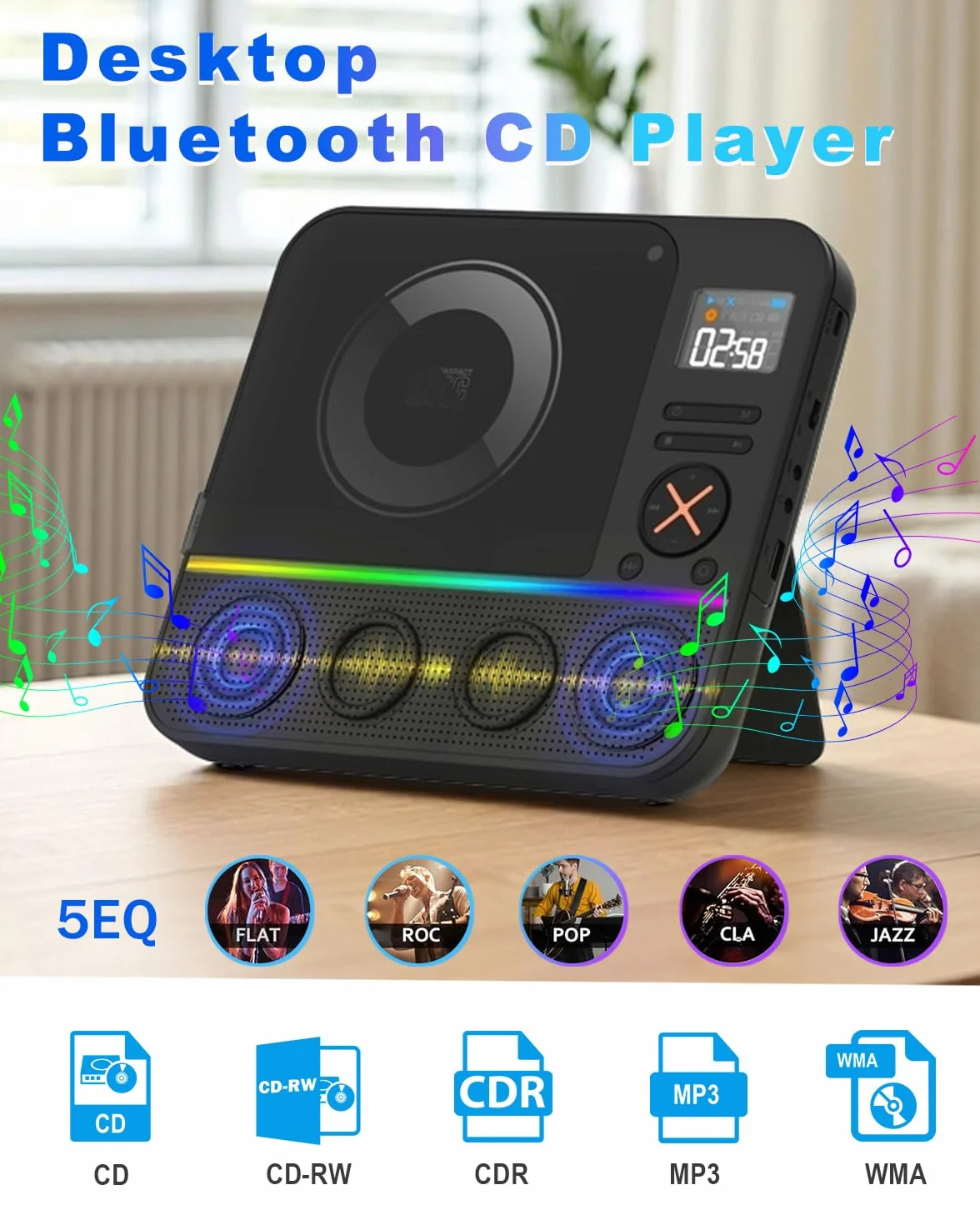 Przenośny odtwarzacz CD Bluetooth, Boombox, stacjonarny odtwarzacz CD z radiem FM Bluetooth i wyświetlaczem LED RGB z podwójnym wbudowanym głośnikiem, kompatybilny z USB/AUX do domowych przenośnych