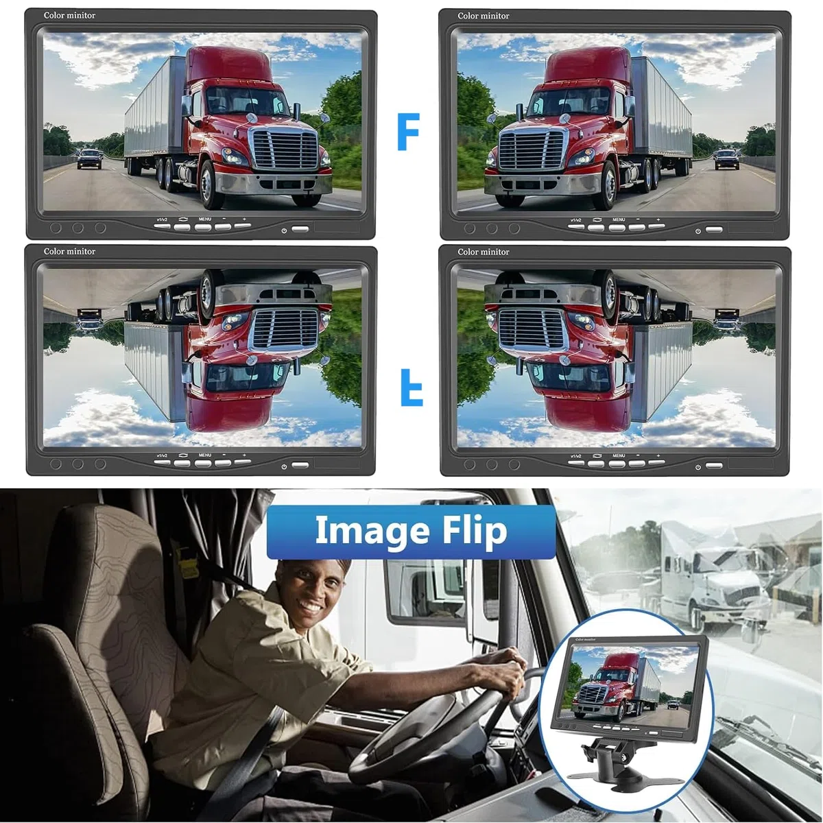Zestaw kamer cofania z monitorem LCD 7", 2 kamery o rozdzielczości HD, wodoszczelność IP68, widoczność w nocy, kolorowy, do samochodów ciężarowych/przyczep, autobusów, vanów, rolnictwa