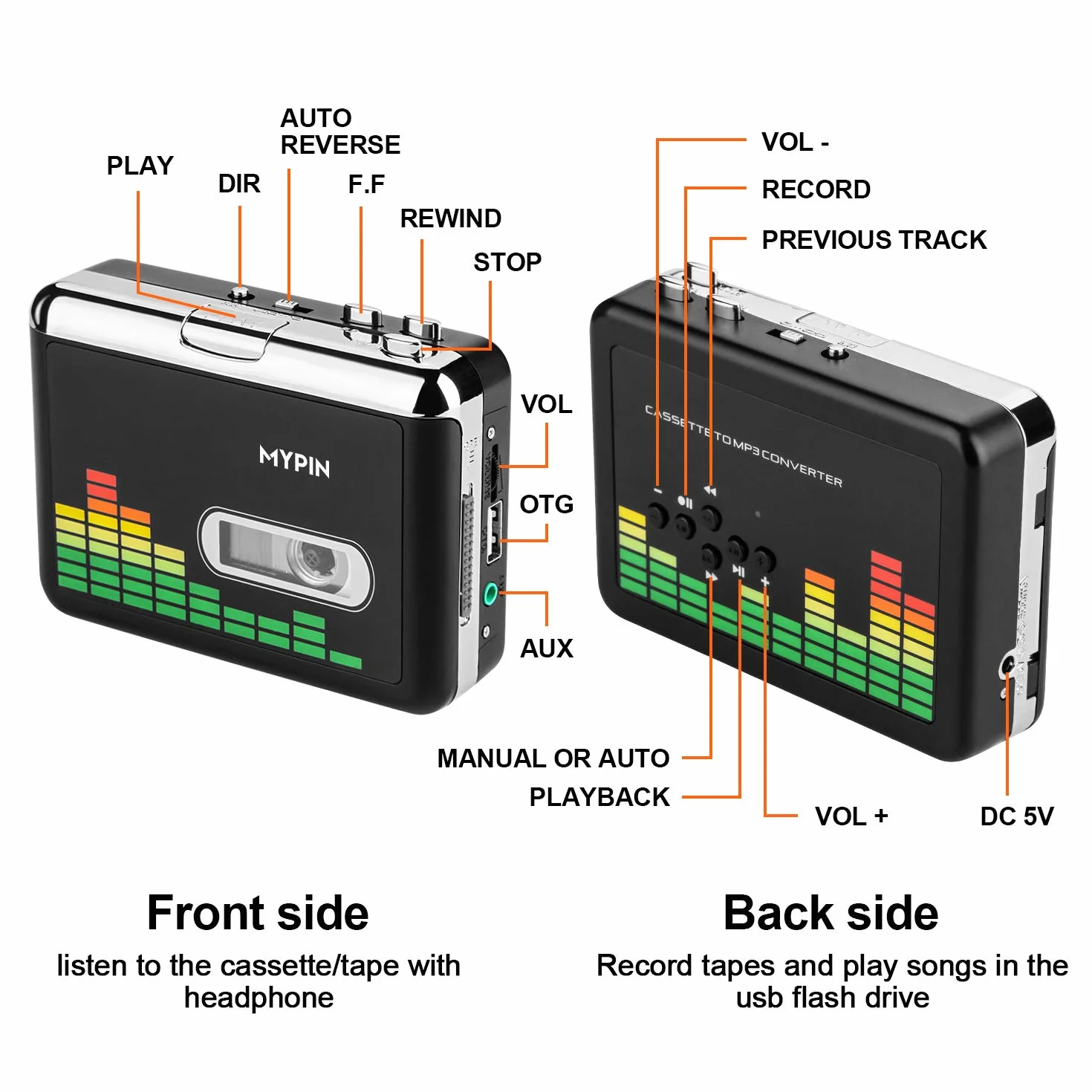 MYPIN przenośny odtwarzacz kasetowy, odtwarzacz audio USB, Walkman, konwerter taśmowy na MP3, retro, ze słuchawkami, nie ma potrzeby automatycznego cofania komputera
