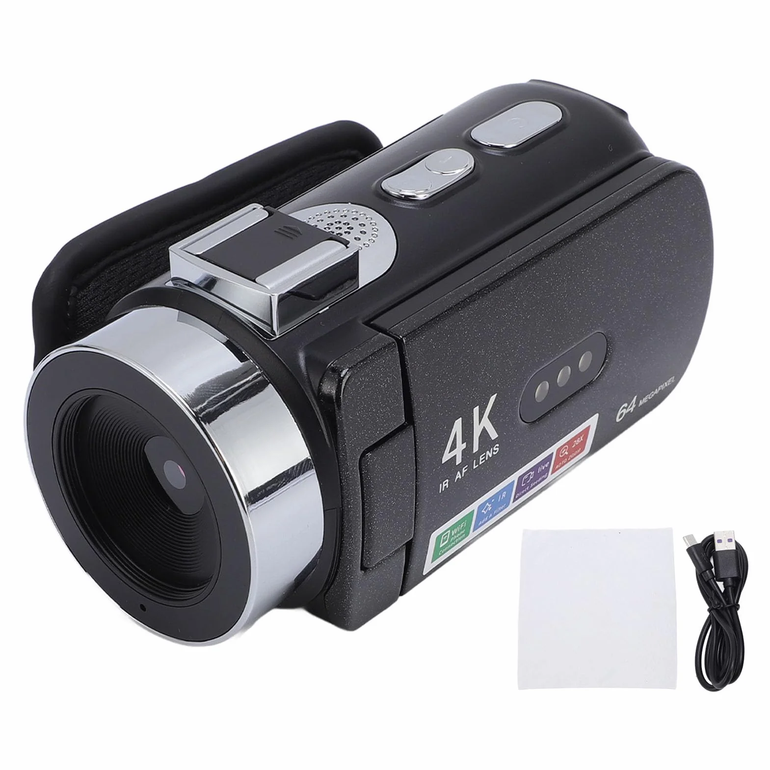 Kamera Wideo, 4K 64MP Ultra HD Kamera, 3 -calowy Ekran Flip WiFi Vlogging Rejestrator z 28x Cyfrowy Zoom, IR Nocne Widzenie, Bateria 4800 MAh dla YouTube