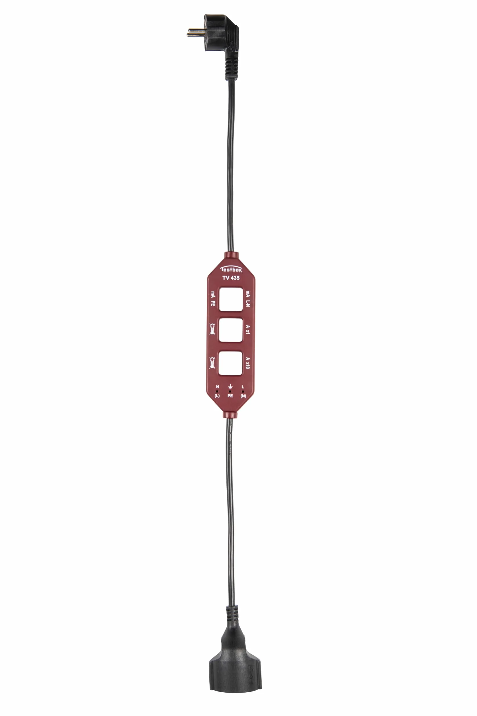 Adapter do pomiaru prądu Testboy TV 435 (rozdzielacz linii, adapter ze złączami Schuko, pomiar prądu przewodu ochronnego, zintegrowane gniazda pomiarowe), czerwony/czarny