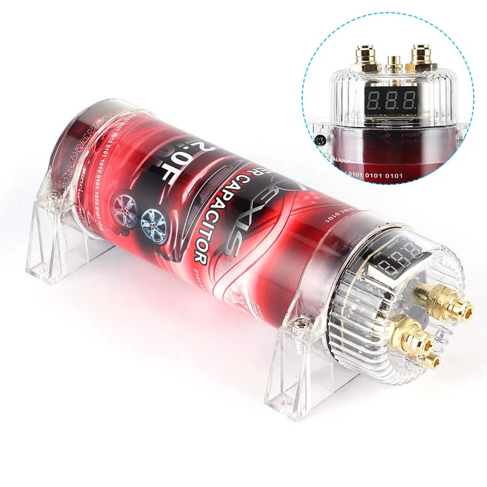 Kondensator samochodowy Audio, 2 samochodowy kondensator zasilania audio wzmacniacz napięcia czerwony LED 10-16 V DC