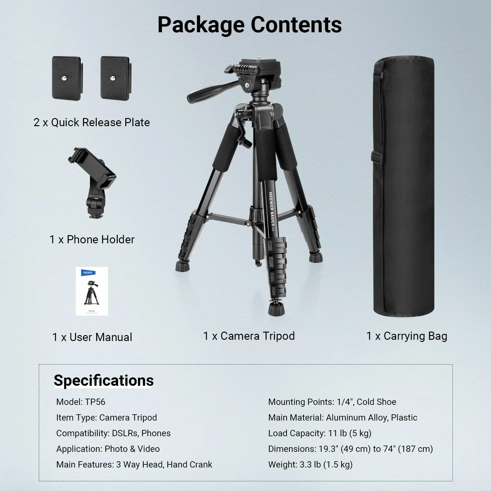 NEEWER BASICS Statyw do aparatu, 74-calowy statyw z uchwytem na telefon komórkowy, kompatybilny z iPhone'em do nagrywania wideo, profesjonalny, aluminiowy, lekki, przenośny stojak podróżny z 3