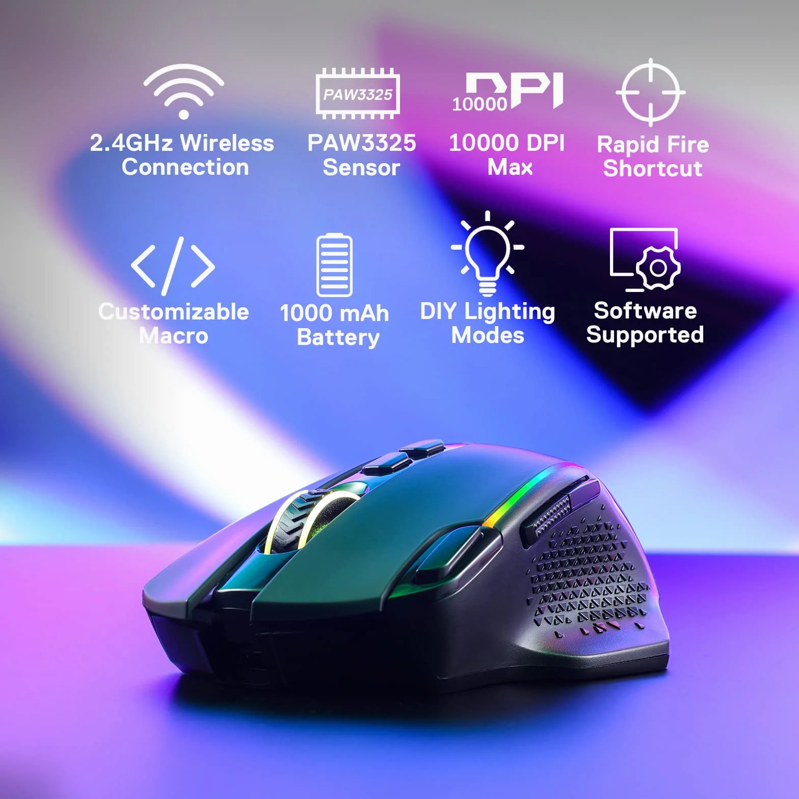 Redragon M810 Pro Bezprzewodowa mysz do gier, 10000 DPI, dla graczy, z przyciskiem szybkiego strzału, 8 klawiszy makro, 45 godzin ciągłej mocy, podświetlenie RGB, do komputerów PC/Mac/laptopów,