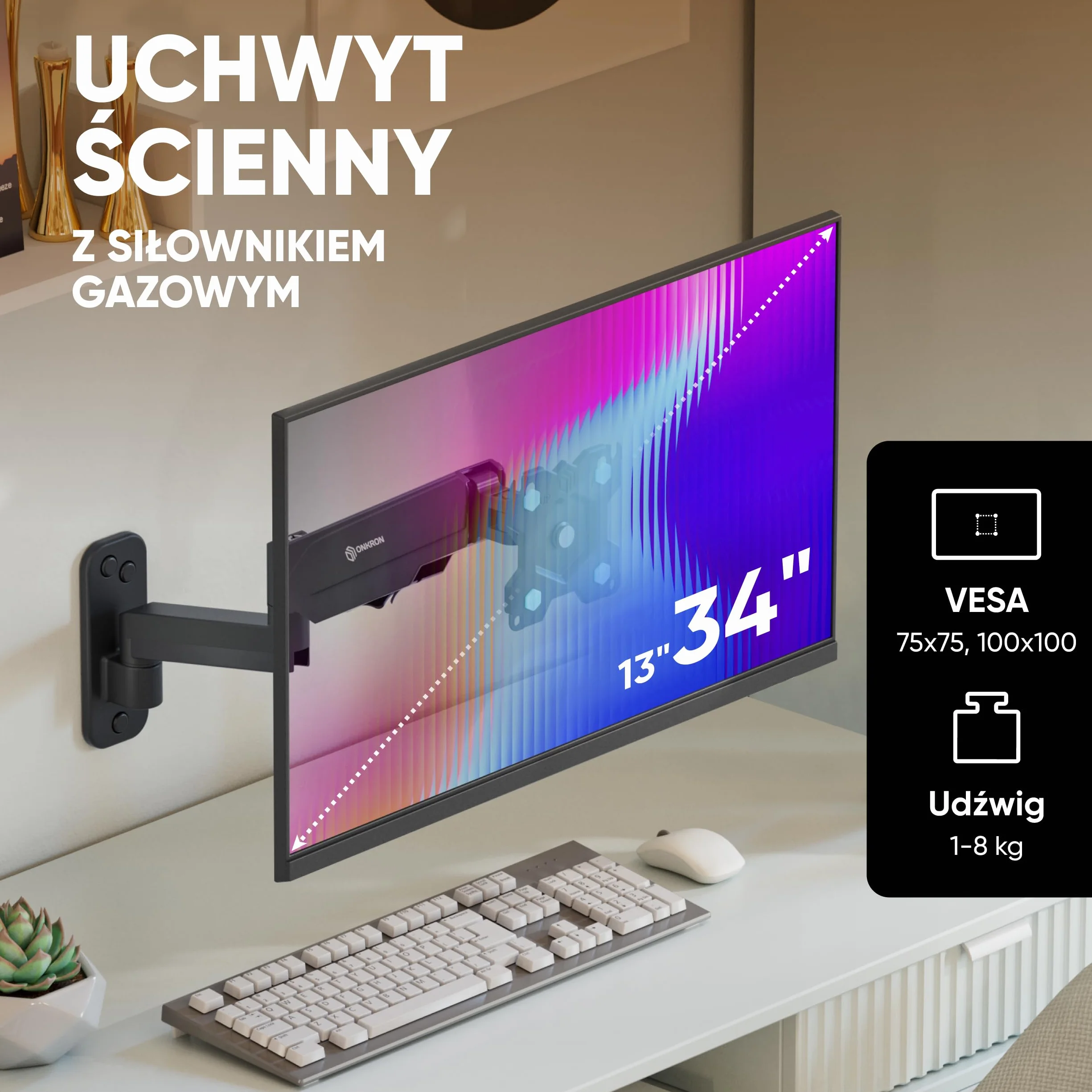 ONKRON Uchwyt monitora i telewizora ściennego (obrotowy, przechylany, rozszerzalny) Ramię monitora ściennego do ekranów 13-32 cali z wiosną gazową VESA 75 x 75-100 x 100 mm i waga maks. 8 kg - G150