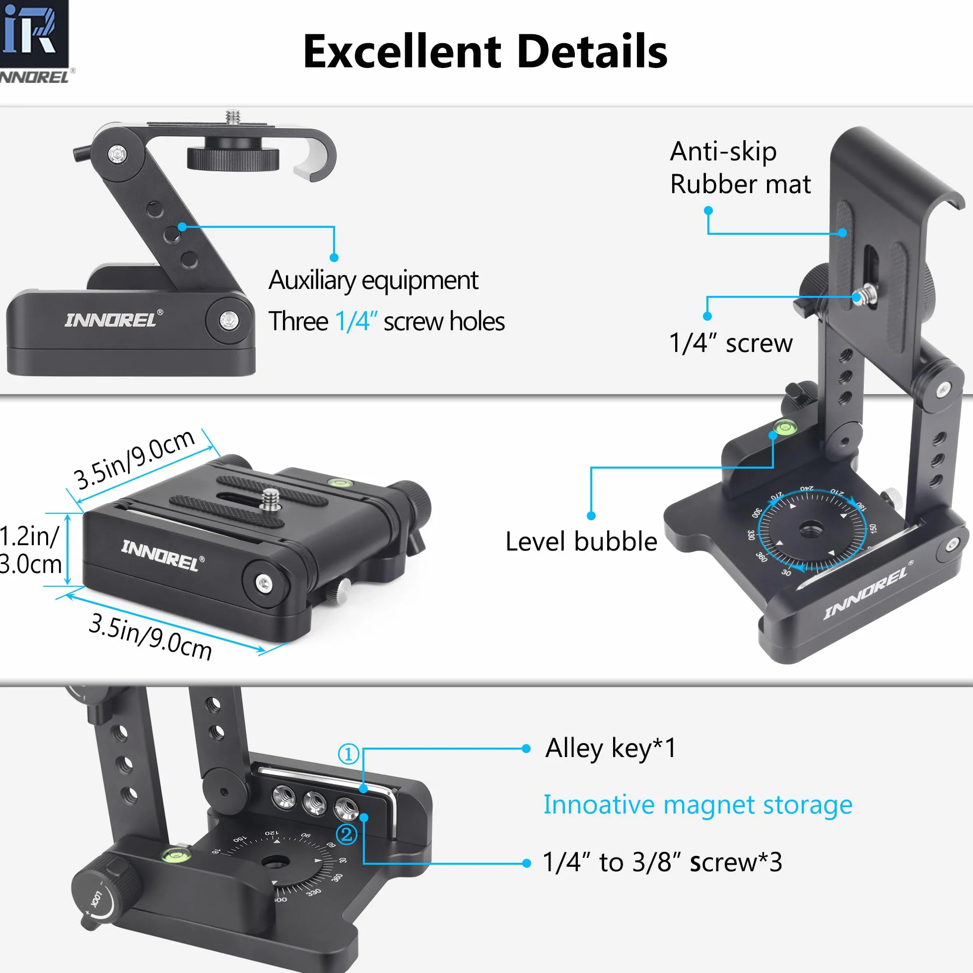 Głowica statywu uchylnego Z-Flex INNOREL ZH9 Elastyczna, składana głowica Z ze stopu aluminium CNC ze śrubami 1/4" i 3/8", Maksymalne obciążenie 5 kg z pokrętłem regulacji dla Canon Nikon Sony