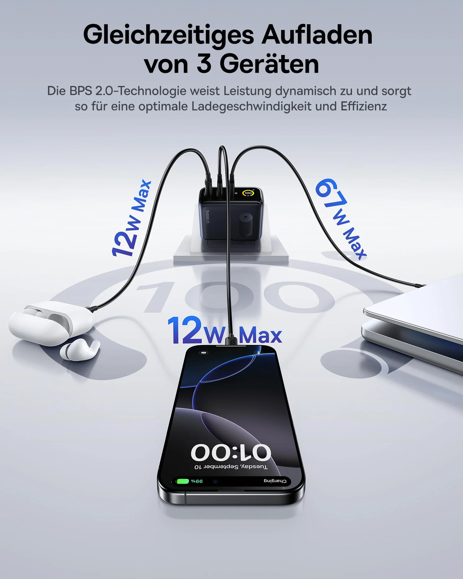 Baseus Picogo ładowarka USB C 100 W, Smart Display & Touch Control, szybka ładowarka 3 w 1, zasilacz GaN USB C, kompatybilny z MacBook, iPhone 17/16/15/14, Galaxy 25/24/23, Pixel i innymi