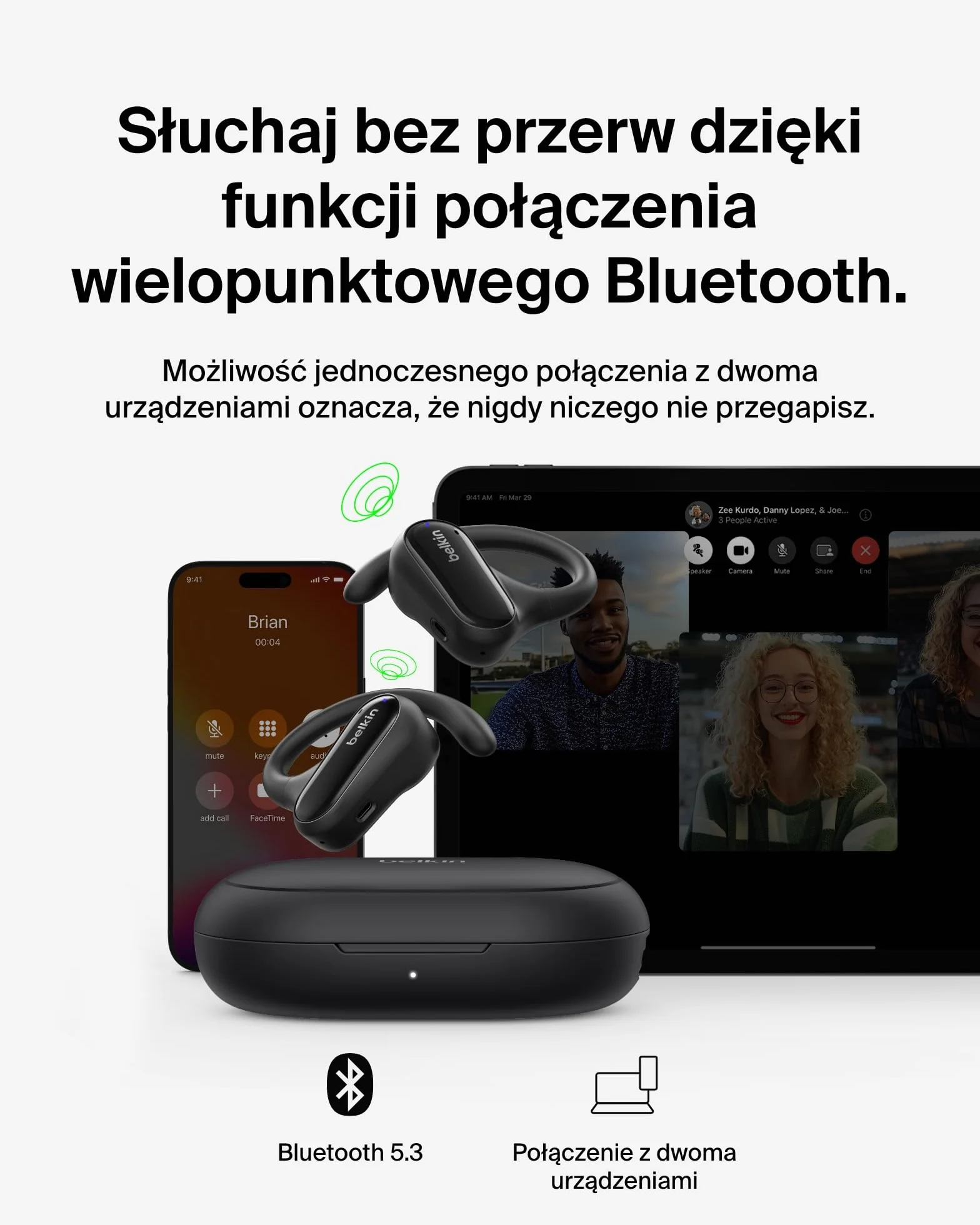 Belkin SoundForm ClearFit Bezprzewodowe Słuchawki Douszne typu Open-Ear, wodoodporne (IPX5) słuchawki bezprzewodowe sportowe Bluetooth, do jazdy na rowerze, wycieczek w góry, biegania – czarne