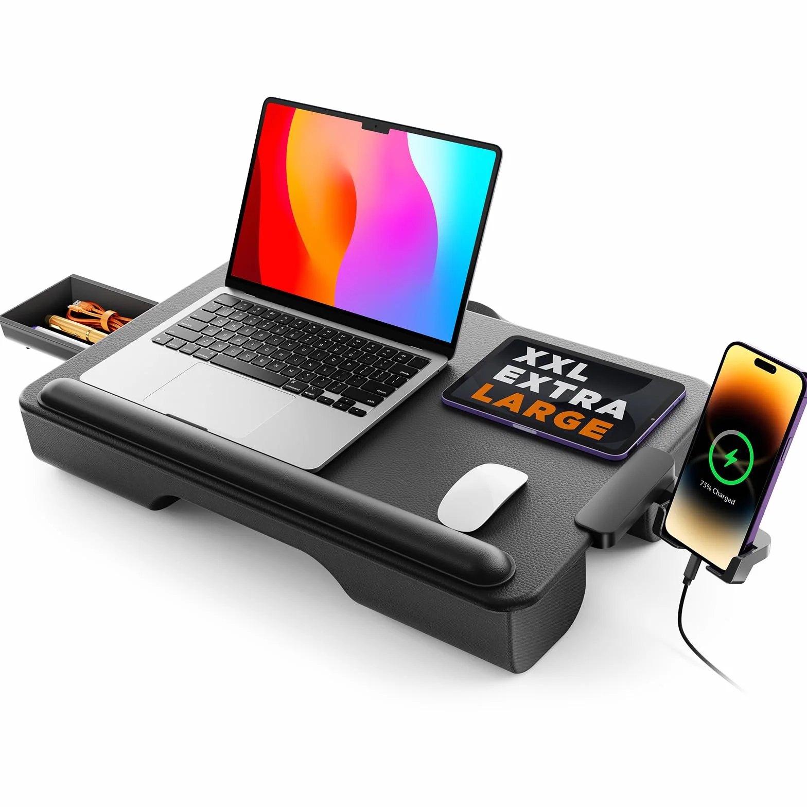 SAIJI Taca na laptopa antypoślizgowa skórzana 54 x 33 cm duża z szufladą podpórka pod nadgarstek uchwyt na telefon
