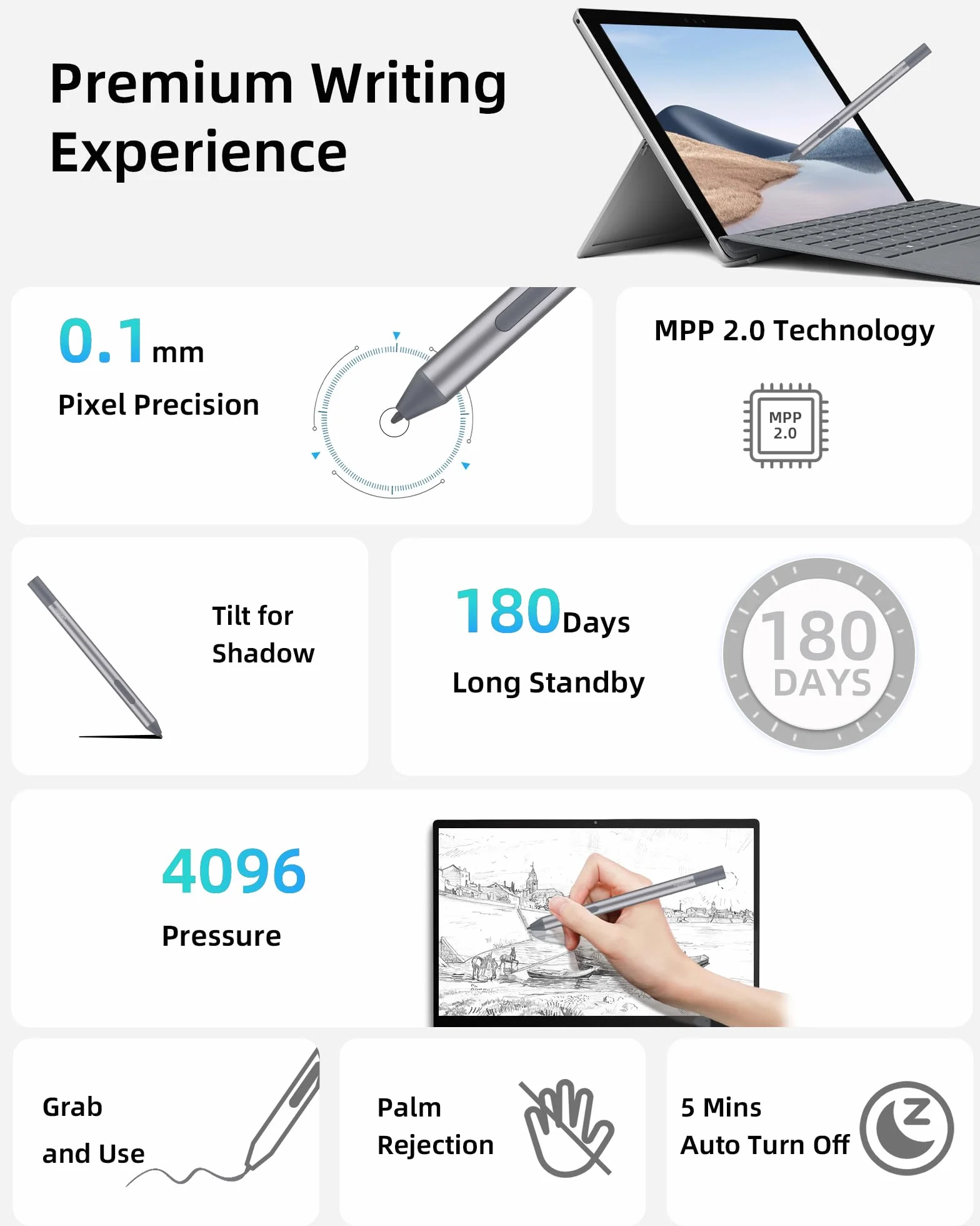 Metapen Pióro powierzchniowe M2 Biz, 180 dni autonomii, poziom ciśnienia 4096, płynne pisanie, czułe na nachylenie, Surface Pro X/9/8/7+/7/6/5/4/3, Surface 3, Surface Duo/Surface Duo 2