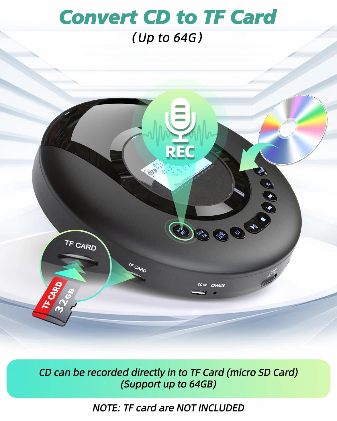 Arafuna Discman przenośny odtwarzacz CD, radio DAB+/FM, Bluetooth, wbudowana bateria 2000 mAh, czarny