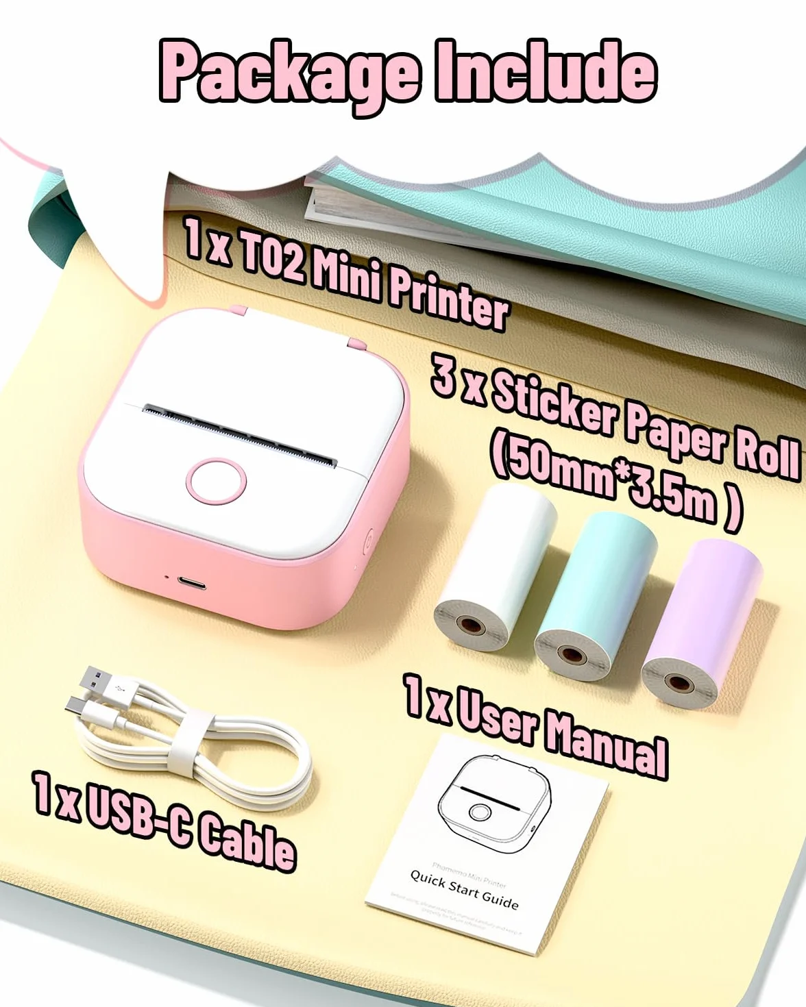 Phomemo T02 Mini drukarka etykiet Bluetooth 203DPI z 3 rolkami papieru termicznego