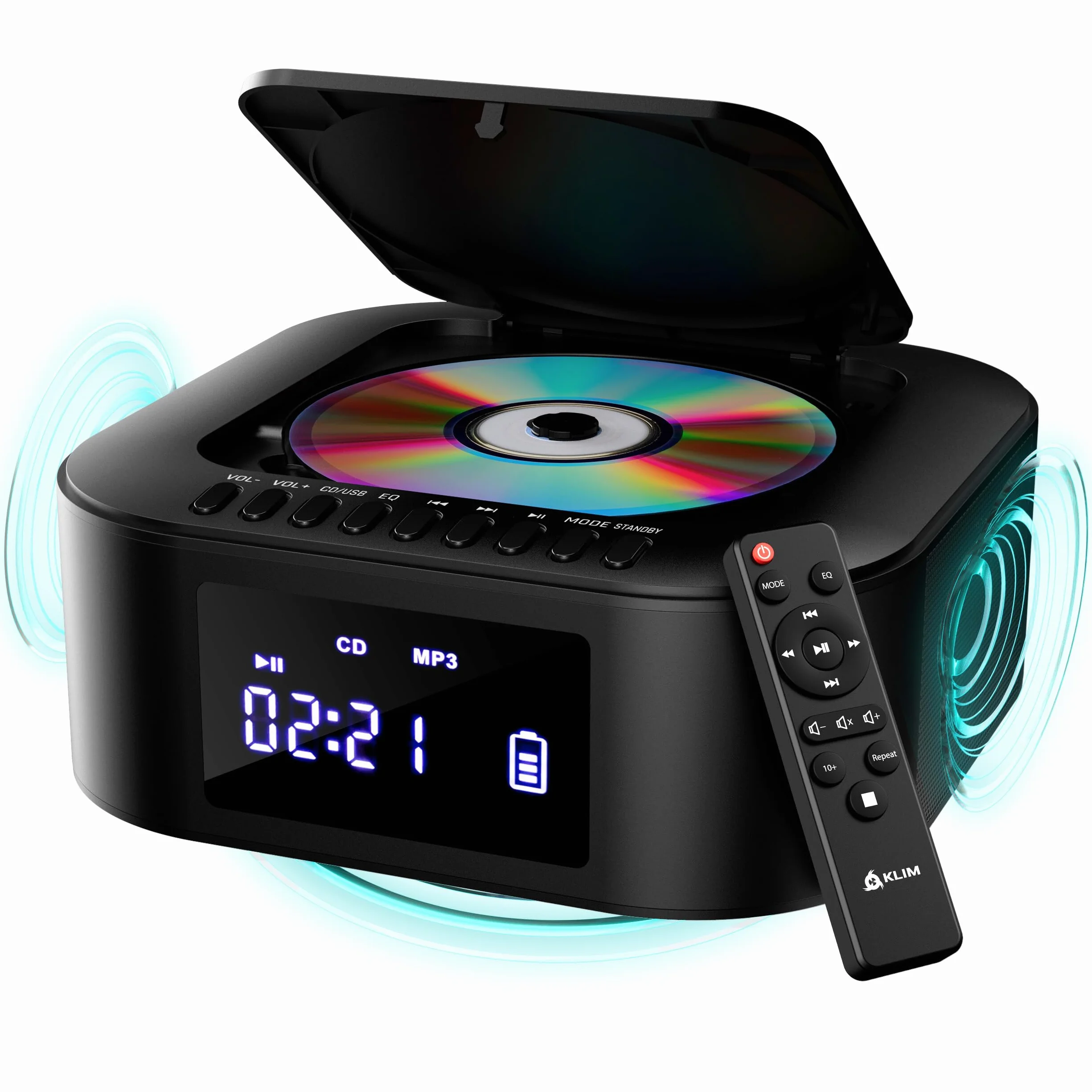 KLIM Odtwarzacz CD Boombox E1 + BASS Boost z subwooferem + radio FM z odtwarzaczem CD i USB, Bluetooth, AUX + stereo domowy + przewodowy lub bezprzewodowy + akumulator, pilot zdalnego sterowania