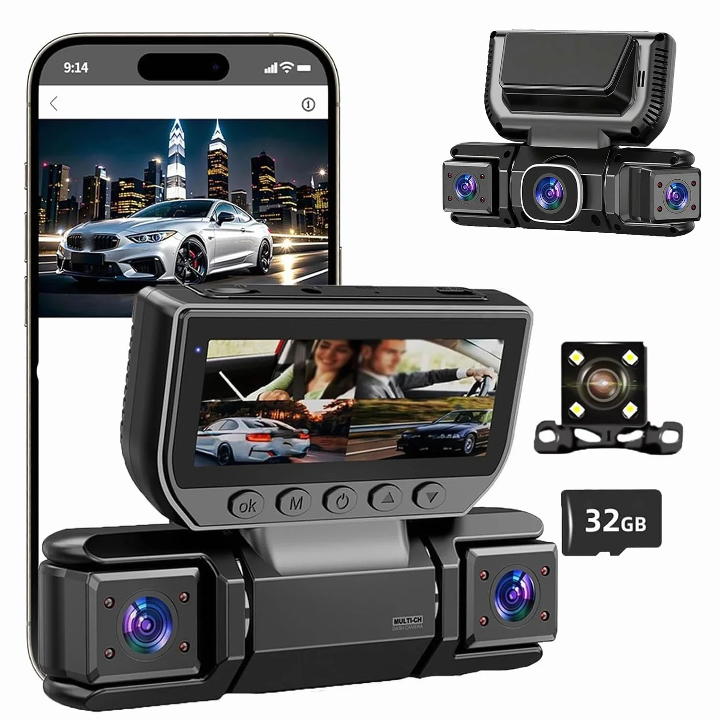 360° samochodowy rejestrator DVR WiFi, 4-kanałowy rejestrator wideo z kartą 32 GB, 1080P FHD, widok 360°, kamera samochodowa z przodu i z tyłu, sterowanie aplikacją, monitorowanie parkowania
