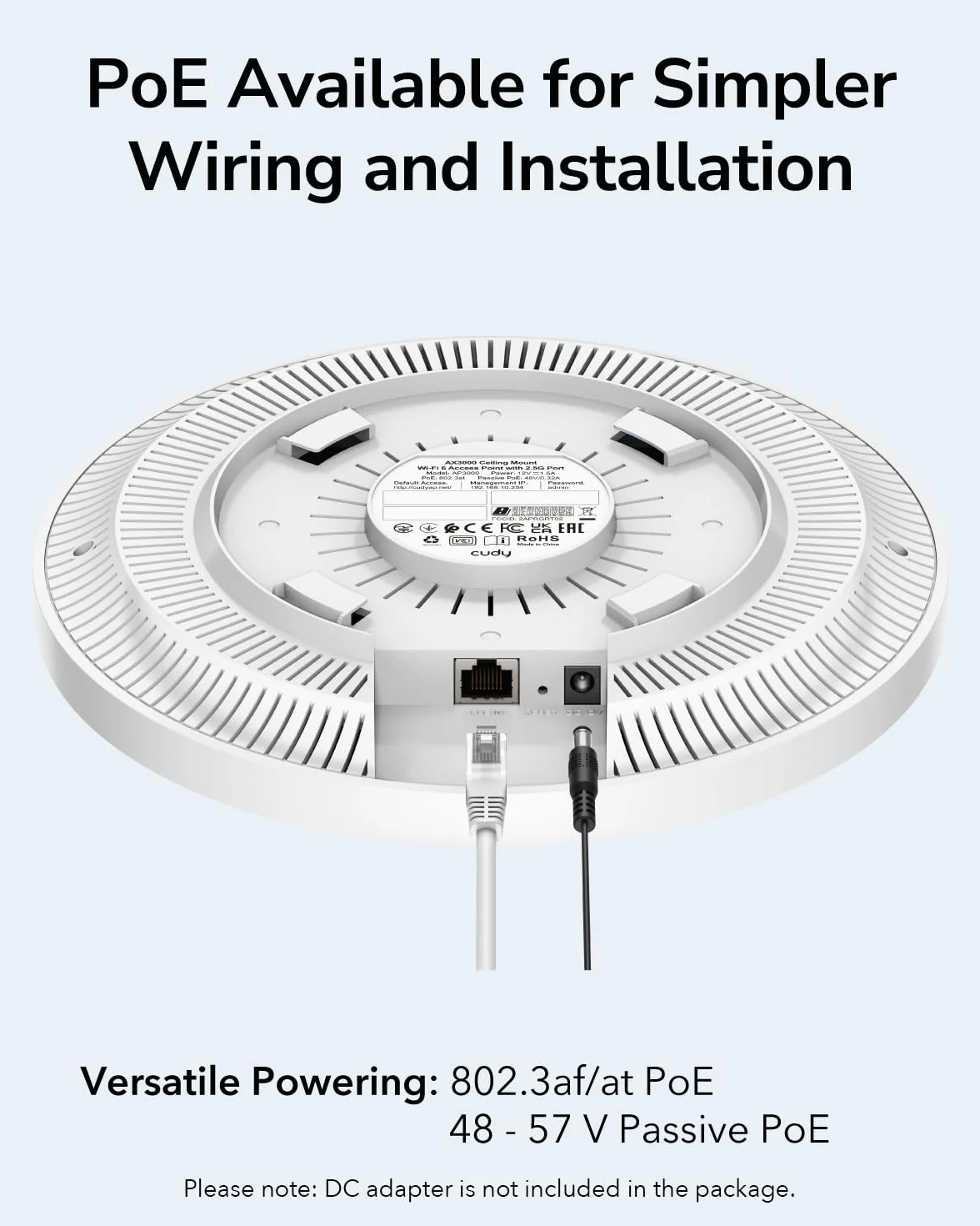 Cudy AX3000 AP3000 Bezprzewodowy Access Point, 2,5 G, WiFi 6, RJ45 2,5 Gb/s, do firm, Wi-Fi, obsługa siatki, bezproblemowe roaming i MU-MIMO, zasilanie PoE lub DC, zasilacz 12 V DC w zestawie