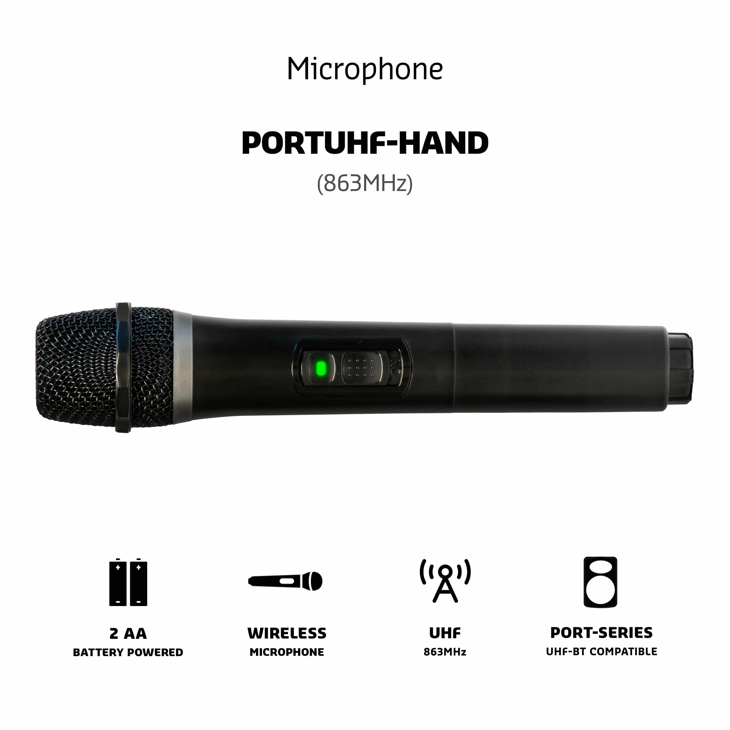 Ibiza - PORTUHF-HAND - Mikro mikrofon ręczny czarny UHF 863 MHz - Zasilanie bateryjne - Bezprzewodowy - Daleki zasięg - Mikro pałąk nagłowny