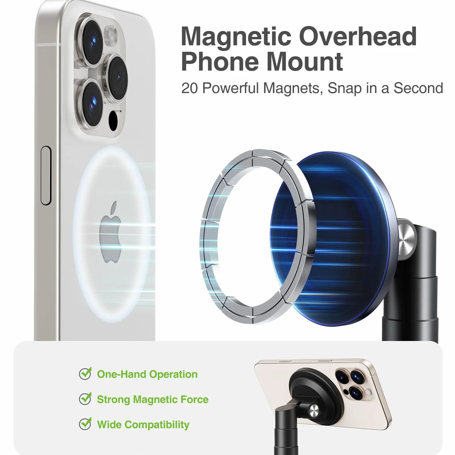 elitehood Magnetyczny stojak na telefon do nagrywania nad głową, 38.1 cm, długie ramię, uchwyt Magsafe do nagrywania wideo, obracany 360 uchwyt na telefon do filmowania, spotkań, gotowania, malowania