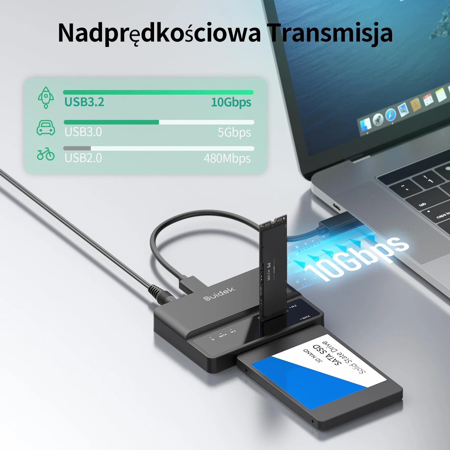 SUIDEK Adapter obudowy M.2 NVMe SSD, czytnik dysków twardych 10 Gbps, bezpłatny konwerter obudowy USB 3.2 z zewnętrznym adapterem PCIe NVMe obsługuje klawisze M.2 2, 2,5
