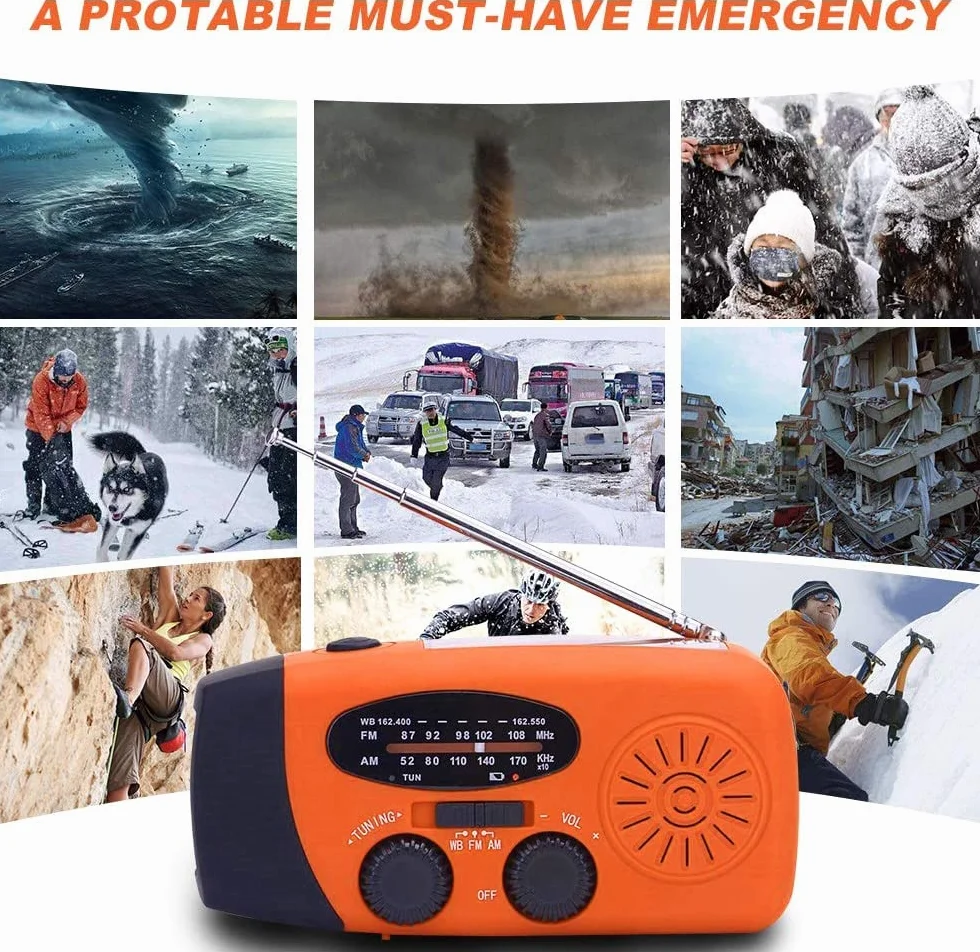Radio solarne przenośne AM/FM z korbą powerbank 2000 mAh latarka LED na kemping