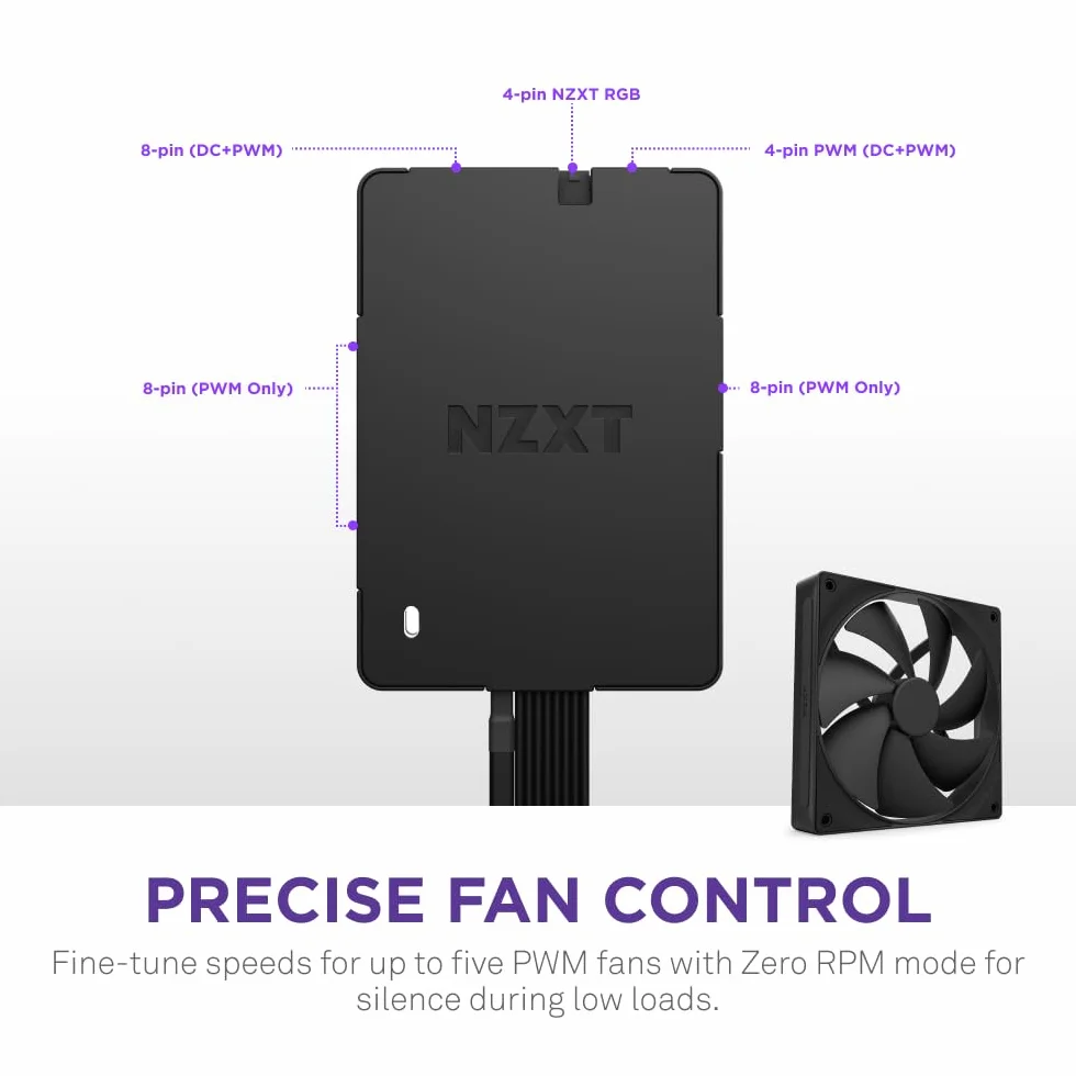 NZXT Control Hub - Cyfrowe sterowanie oświetleniem RGB i prędkością wentylatorów PWM - Sterowanie do 5 wentylatorami PWM lub 4 wentylatorami NZXT Single-Frame - Zasilane przez oprogramowanie NZXT CAM