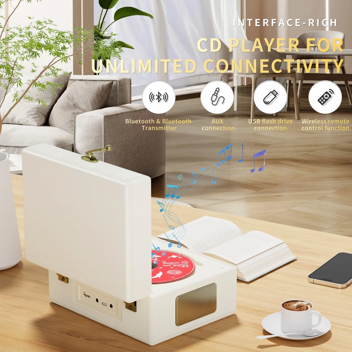 Yintiny Ładowalny skórzany odtwarzacz CD z głośnikami, nadajnik Bluetooth, prezent festiwalowy, odtwarzacz BGM do dekoracji wnętrz, biały