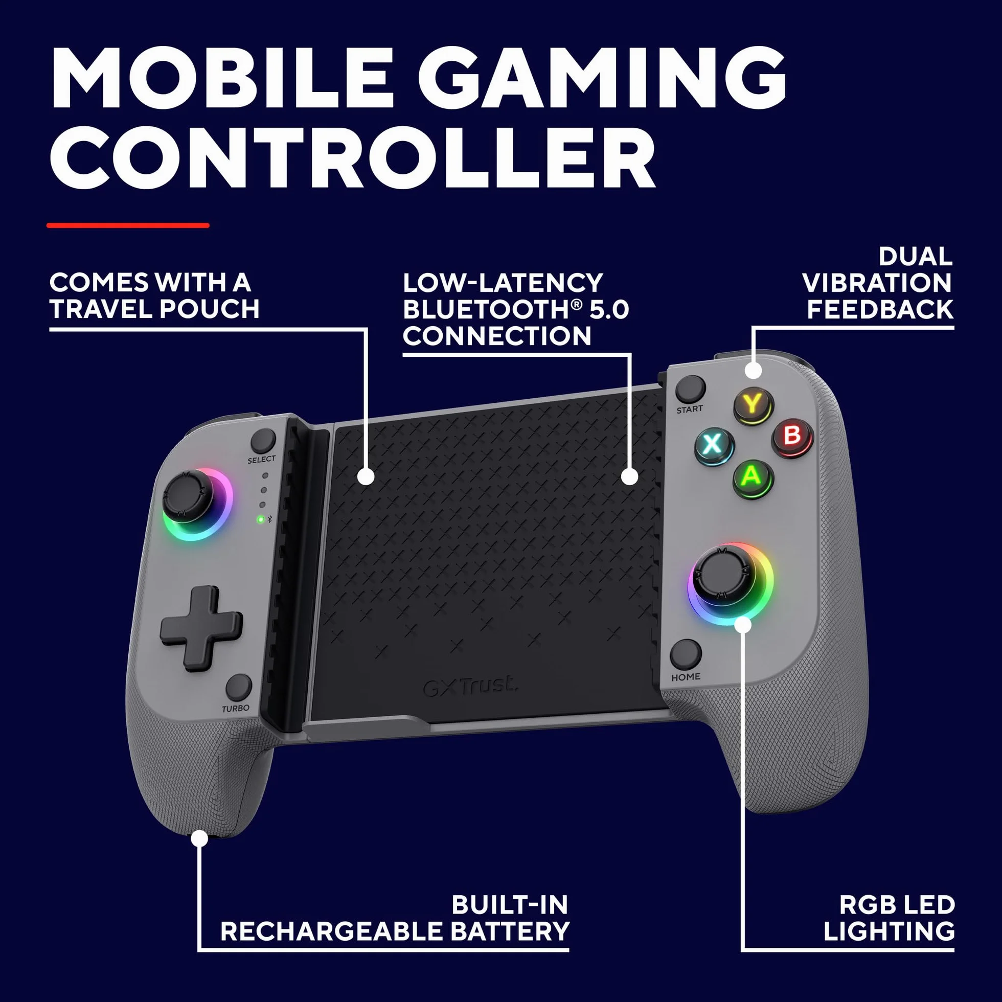 Trust Gaming GXTrust 735G Mylox Kontroler do Gier z Uchwytem na Telefon iPhone Android PS5 Xbox, Akumulator do 12h, Gamepad Bluetooth do Smartfona, Podświetlenie LED RGB, 18 Przycisków, Szary