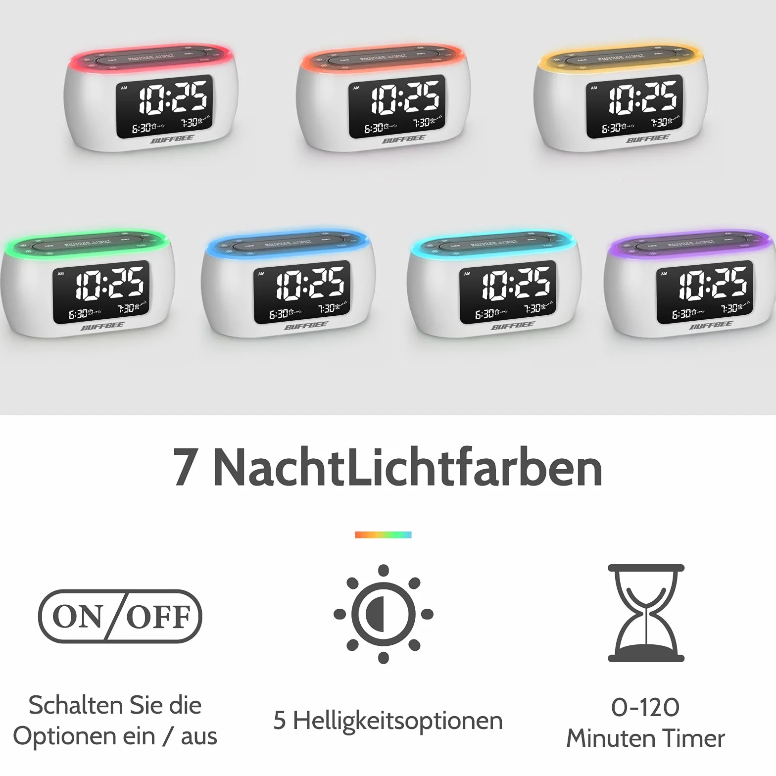 BUFFBEE Radiobudzik z 7-kolorowym światłem nocnym, podwójny alarm, funkcja drzemki, ściemniacz, ładowarka USB, nap-timer, cyfrowy budzik z radiem FM i automatycznym wyłączaniem, zasilanie sieciowe z