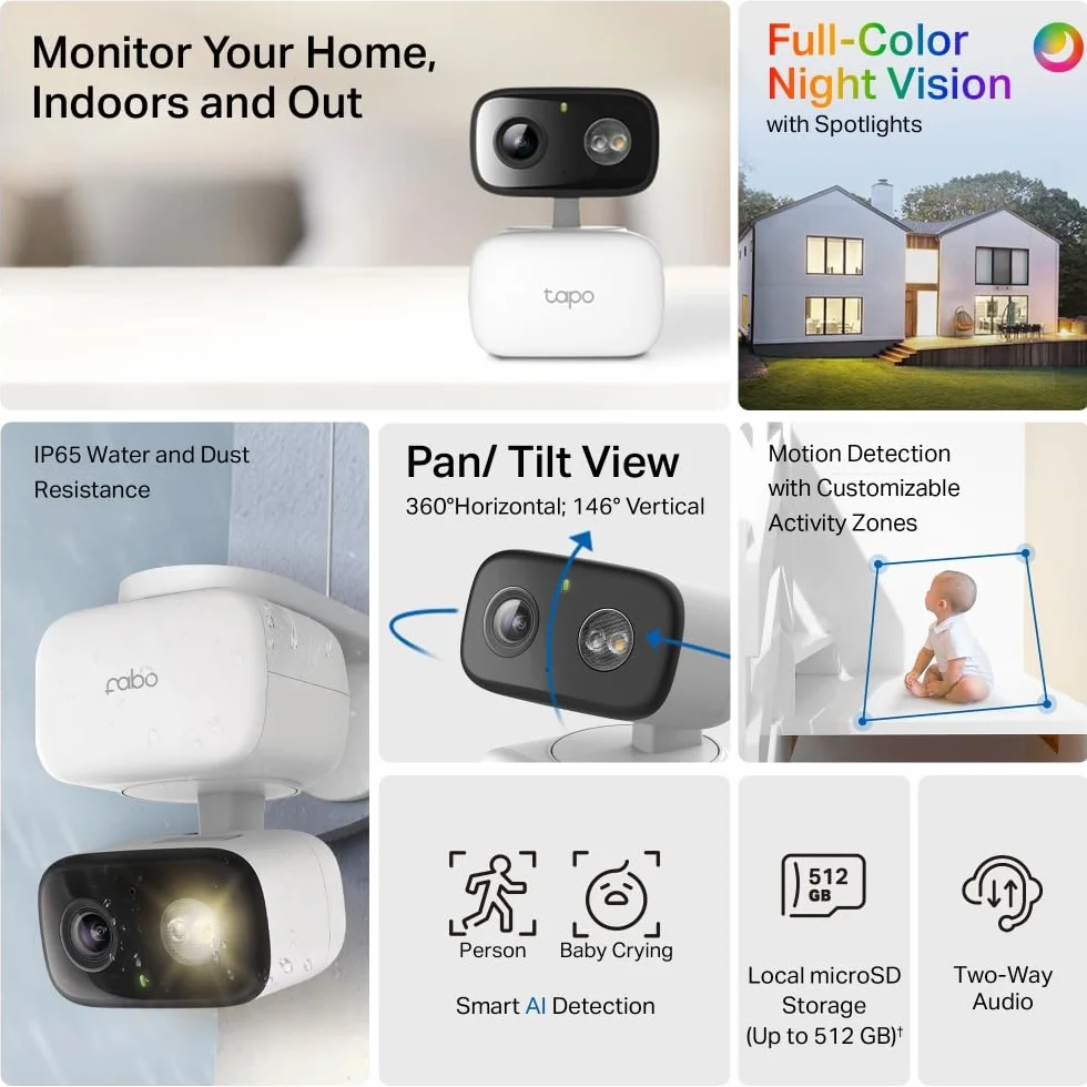 TP-Link Tapo C206 mini kamera do monitoringu z nagrywaniem, 1080p, zasięg 360°, do użytku wewnątrz i na zewnątrz, rozpoznawanie i powiadomienia, karta microSD do 512 GB, 105,3 × 77,8 × 69,8 mm