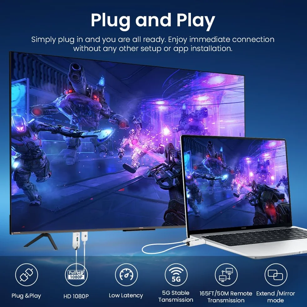 AXFEE Bezprzewodowy nadajnik i odbiornik HDMI, bezprzewodowy przedłużacz HDMI 1080P przy 60 Hz, zasięg 50 m, bezprzewodowy nadajnik i odbiornik HDMI