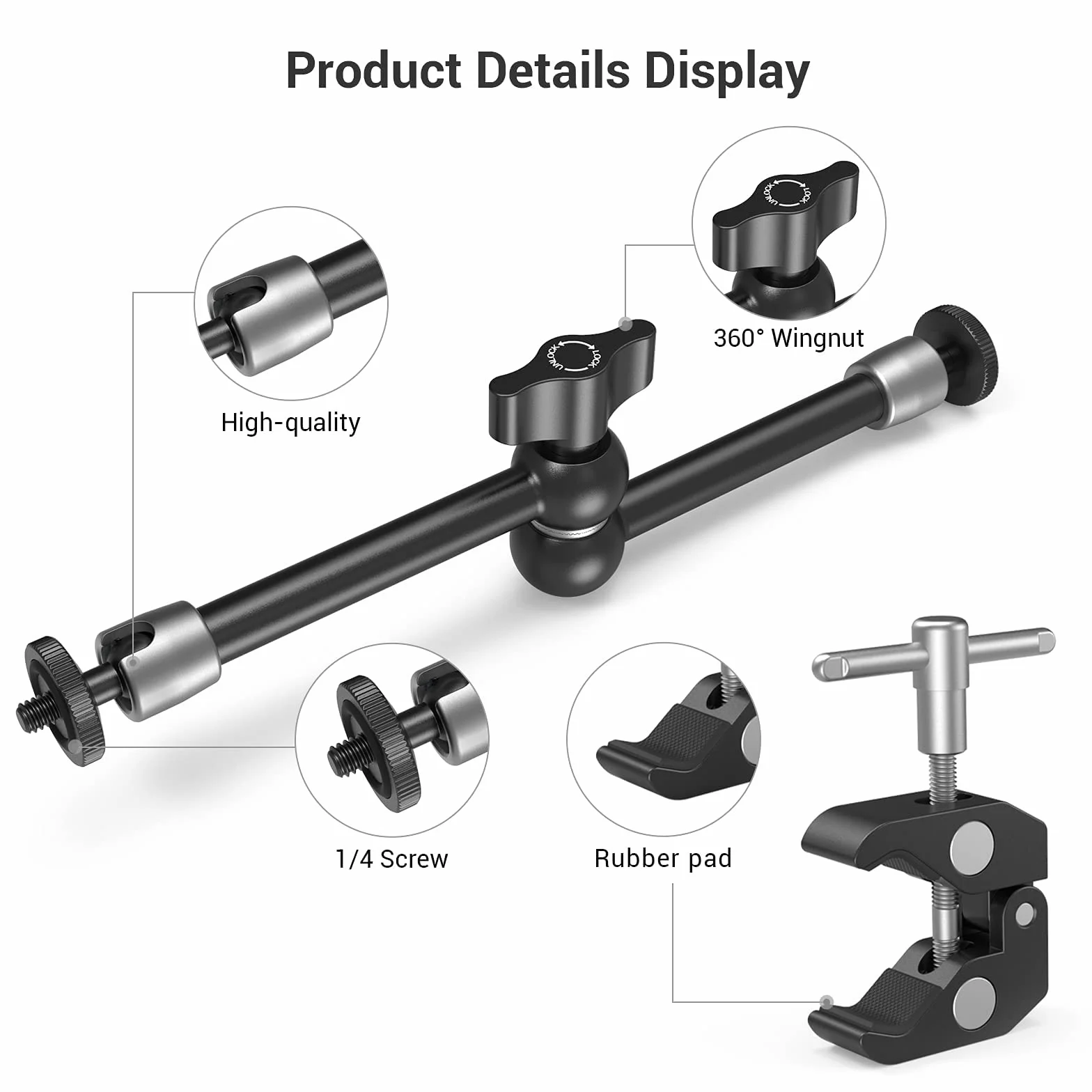 SMALLRIG Magic Arm, Clamp w/ 1/4" and 3/8" Thread 10-calowe magiczne ramię z Super Clamp Duży zacisk szczypiec do Monitor/LED Lights - KBUM2732B