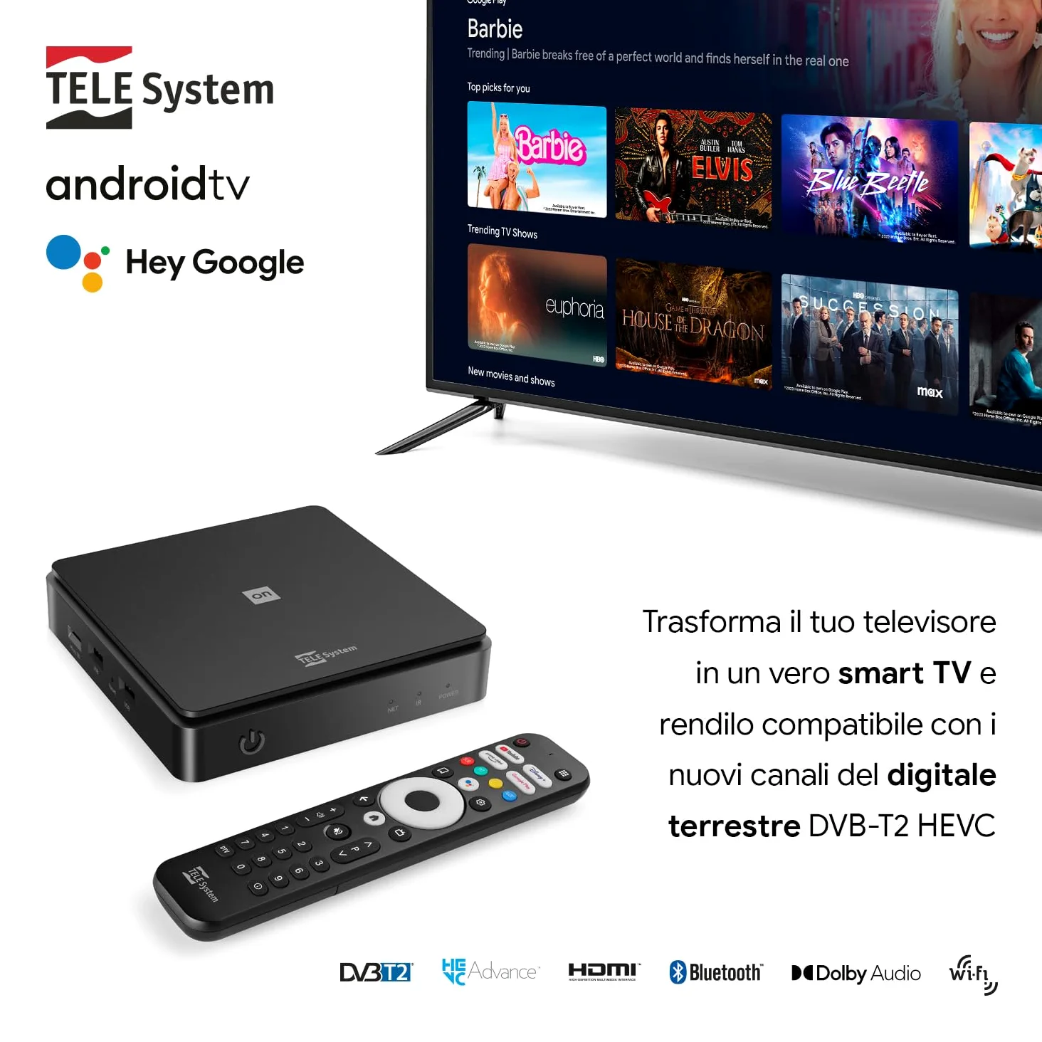 TELE System ON T2 HD: Dekoder naziemny cyfrowy Android TV, Smart TV Upgrade, Tuner DVB-T2 HEVC HDR10+HLG, HDMI, Adapter SCART w zestawie - Certyfikowany przez Google