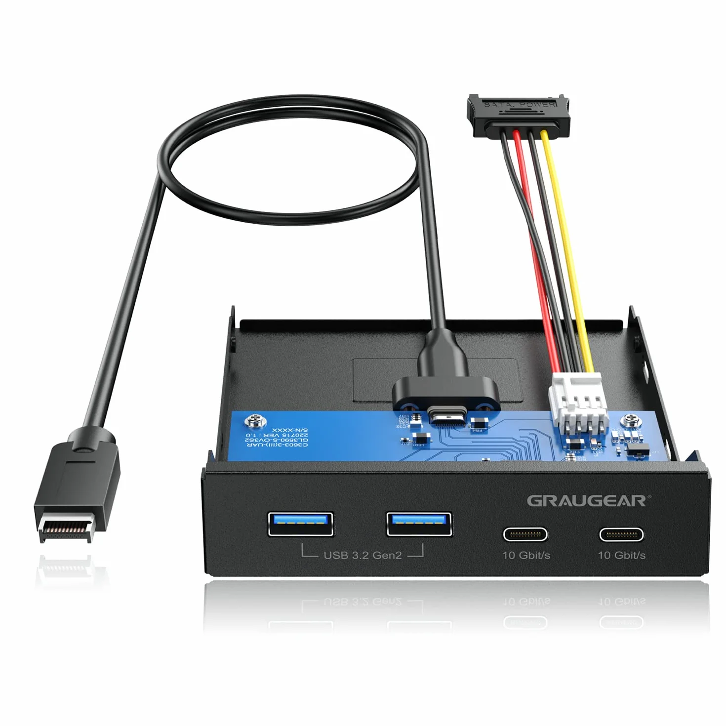 GRAUGEAR | 4 porty 10 Gbit/s panel przedni | 2 x USB-C+2X USB-A USB3.2 Gen2 HUB | osłona przednia do kieszeni 3,5 cala | USB3.2 Gen2 Key A 20-pinowy nagłówek | metal | G-MP02