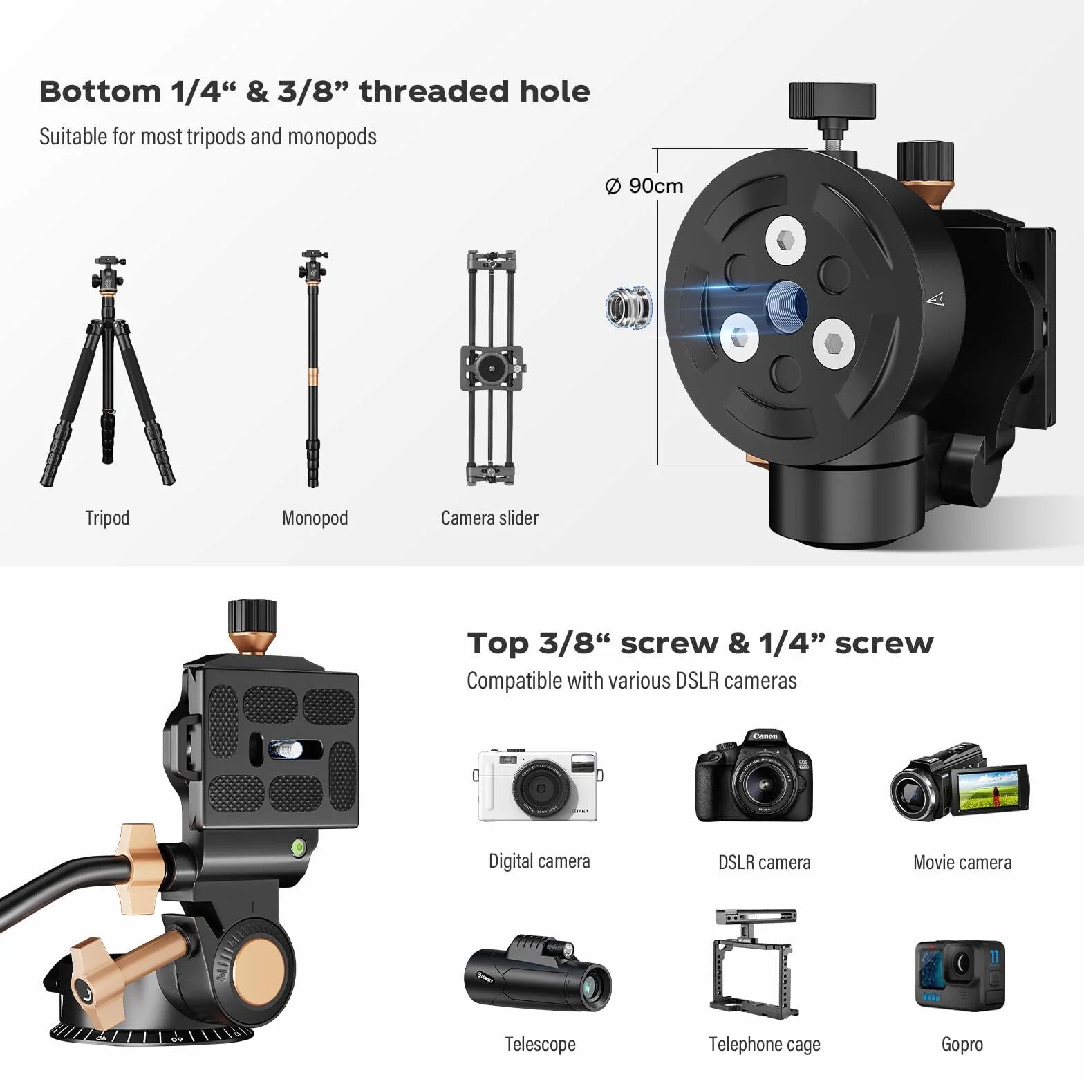 Soonpho Q-08S Heavy Duty statyw do kamery wideo, głowica obrotowa z przedłużonym uchwytem, głowica statywu z śrubą 1/4 cala, obracany o 360 stopni, do lustrzanek cyfrowych, kamer, monopod