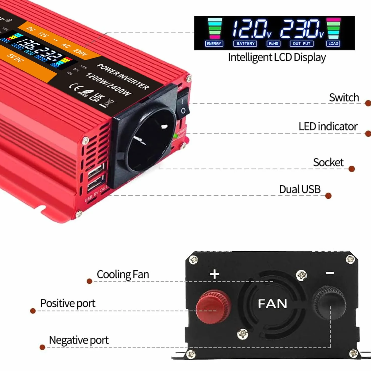Yinleader Przetwornica napięcia 1200 W 2400 W 12 V 230 V falownik Dual USB Power Inverter z wyświetlaczem LCD czerwony