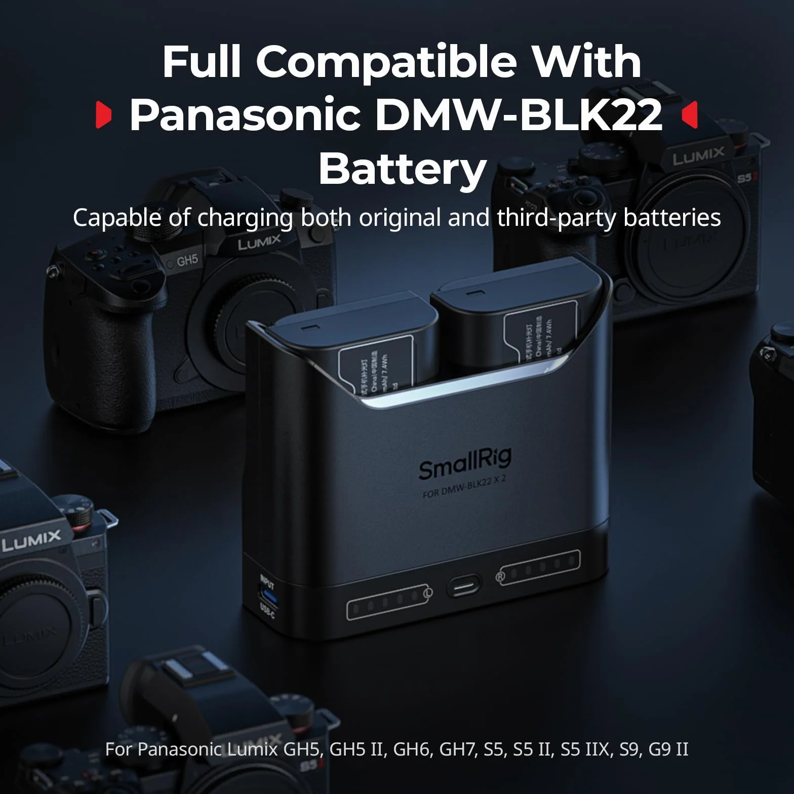 SMALLRIG Zestaw akumulatorów do Panasonic DMW-BLK22, ładowarka dwugniazdowa 22,5 W z akumulatorami o pojemności 1940 mAh, w pełni kompatybilny z do Panasonic Lumix GH5, GH5 II, GH6, GH7, S5, S5-5487
