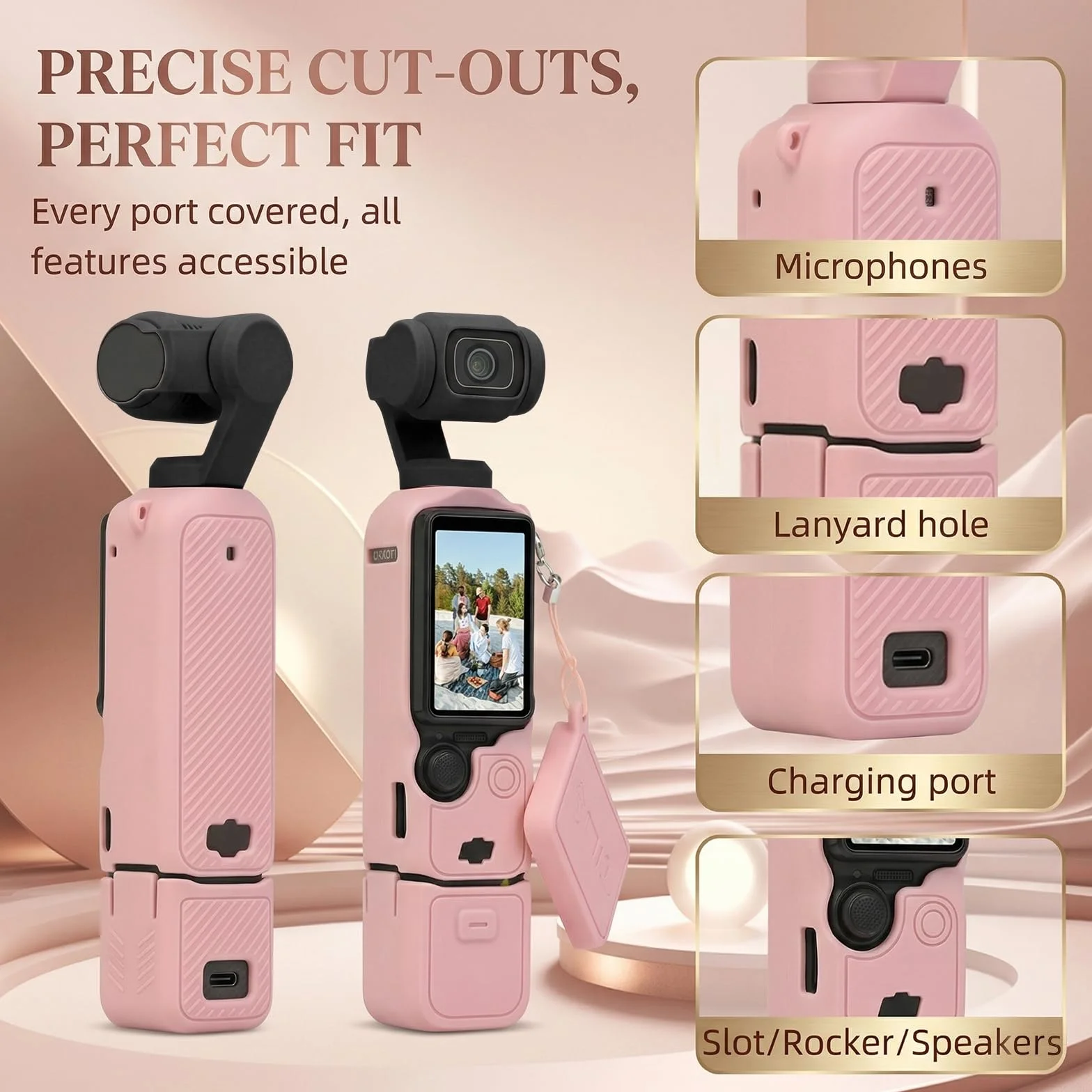 Silikonowe etui ochronne do DJI Osmo Pocket 3, odporne na uderzenia etui na aparat ze smyczą, antypoślizgowe etui z idealnym dopasowaniem, lekkie i przenośne kieszonki, 3 akcesoria, różowe