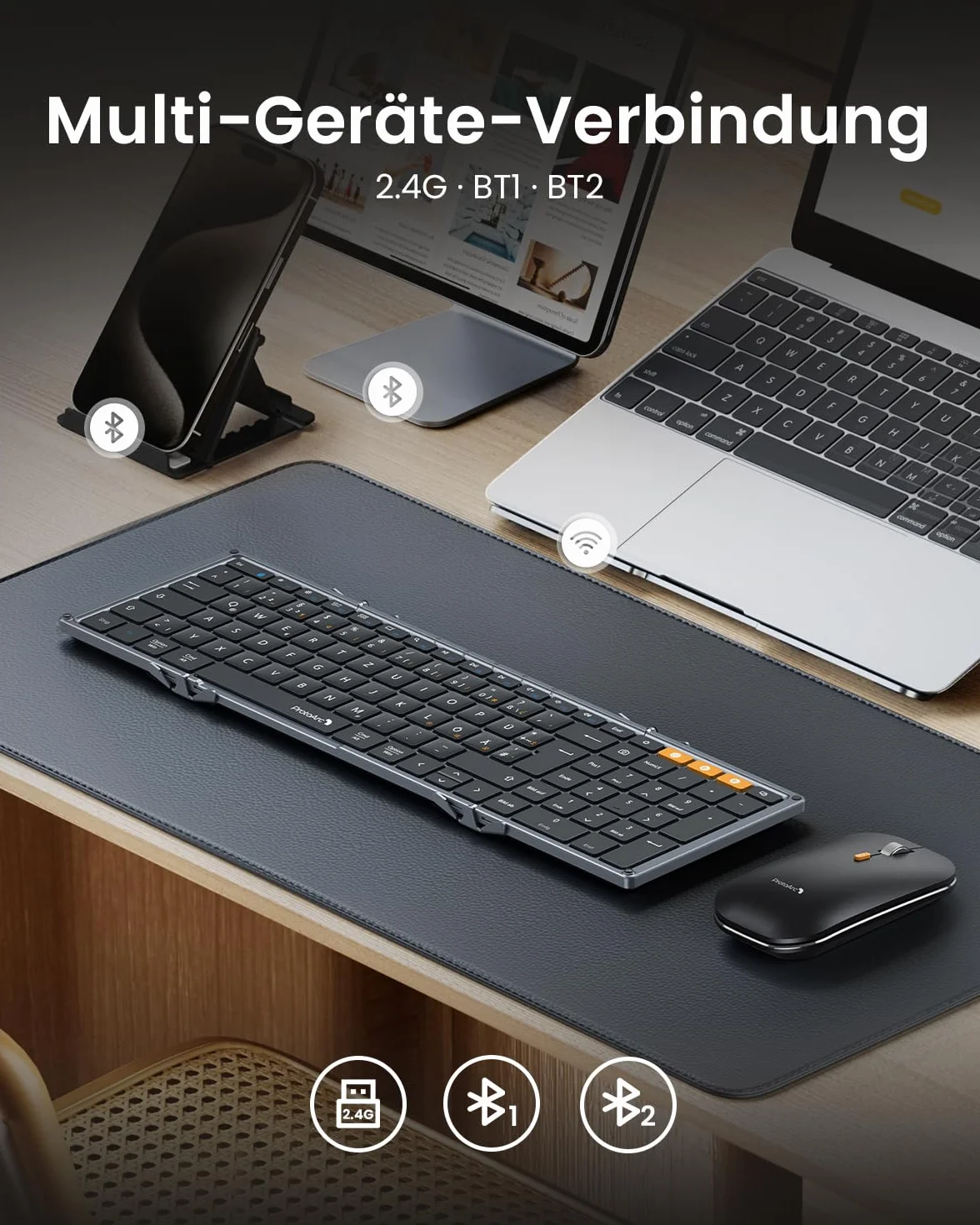 ProtoArc Składana klawiatura bezprzewodowa i mysz, XKM01 klawiatura Bluetooth, składana mysz, 2,4 G + Dual Bluetooth, pełnowymiarowa, mobilna klawiatura, układ QWERTZ, do iPada, tabletu, iPhone'a