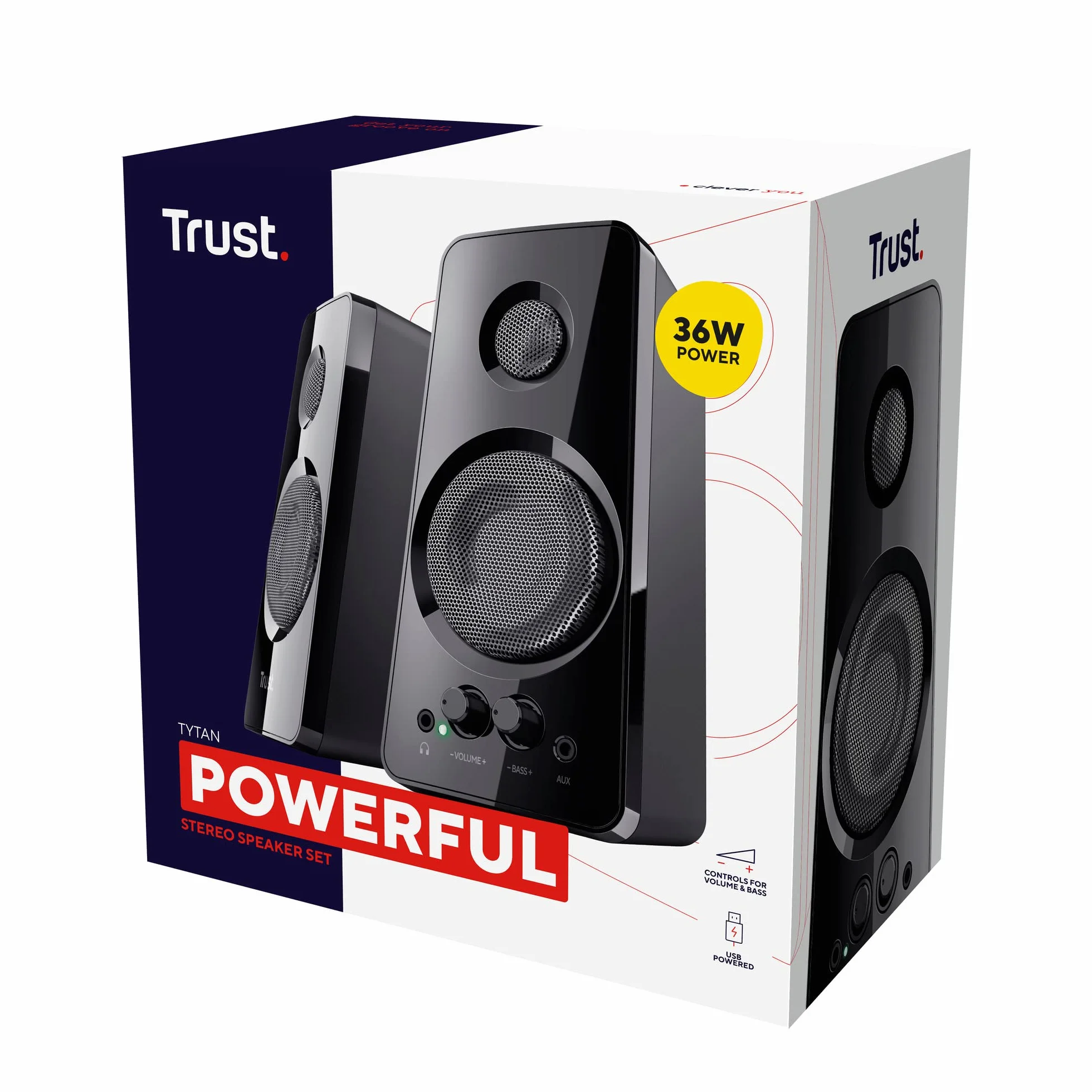 Trust Tytan 2.0 zestaw głośników, 36 W (18 W RMS), komputer, regulator głośności i basów, gniazdo słuchawkowe, zasilanie USB, głośnik PC do laptopa, smartfona, tabletu, czarny
