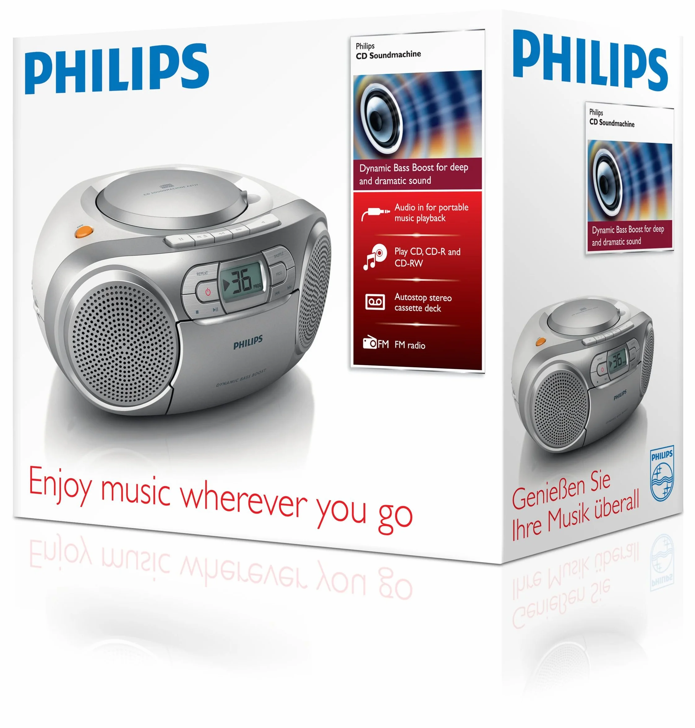 Philips AZ127/12 przenośny odtwarzacz CD radio UKW magnetofon kasetowy Dynamic Bass Boost srebrny