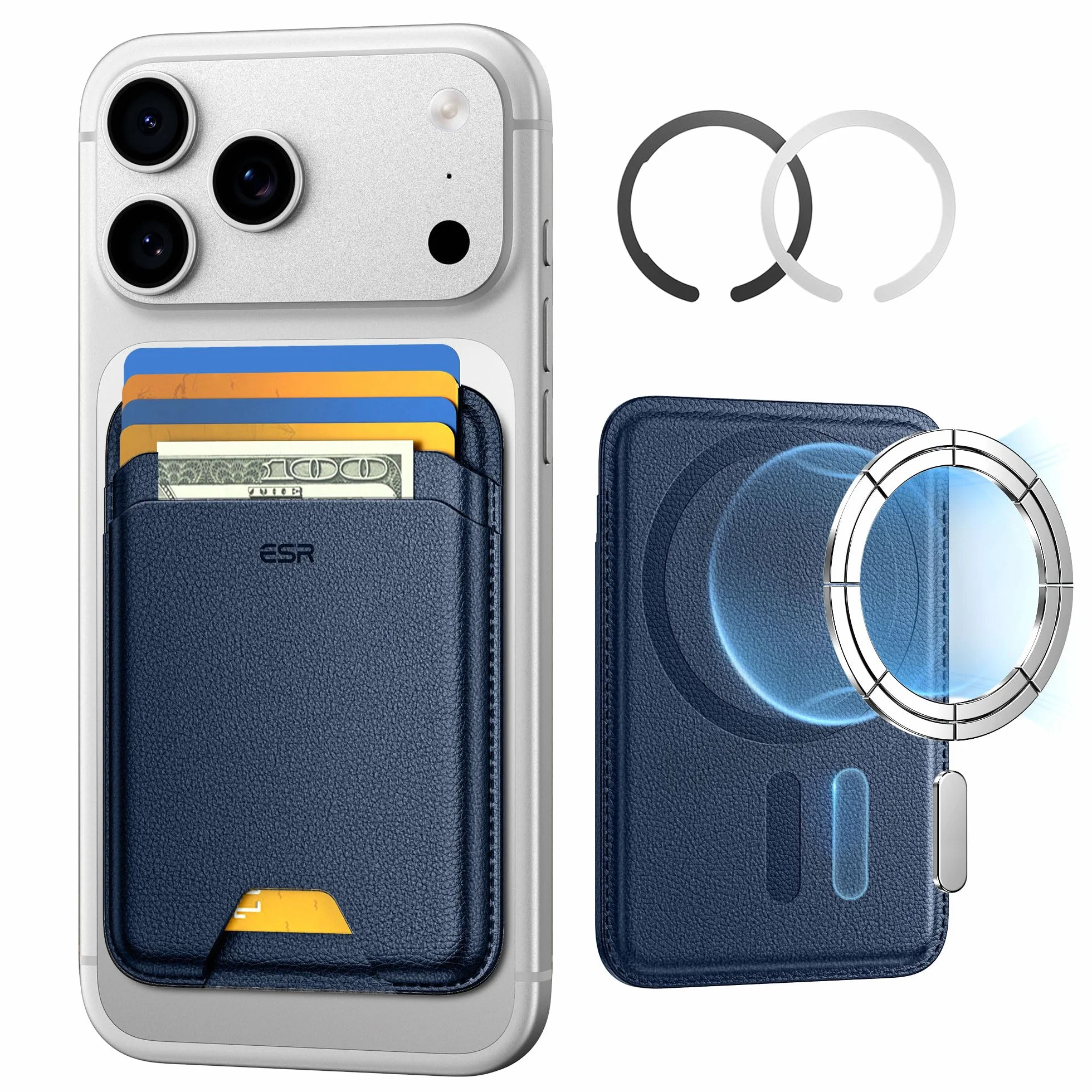 ESR Portfel MagSafe, etui na 5 kart, portfel iPhone o sile magnetycznej 3200 g, skóra wegańska, portfel magnetyczny do iPhone'a 17/16/15/14/13/12, nie dla 13/12 Mini, ciemnoniebieski
