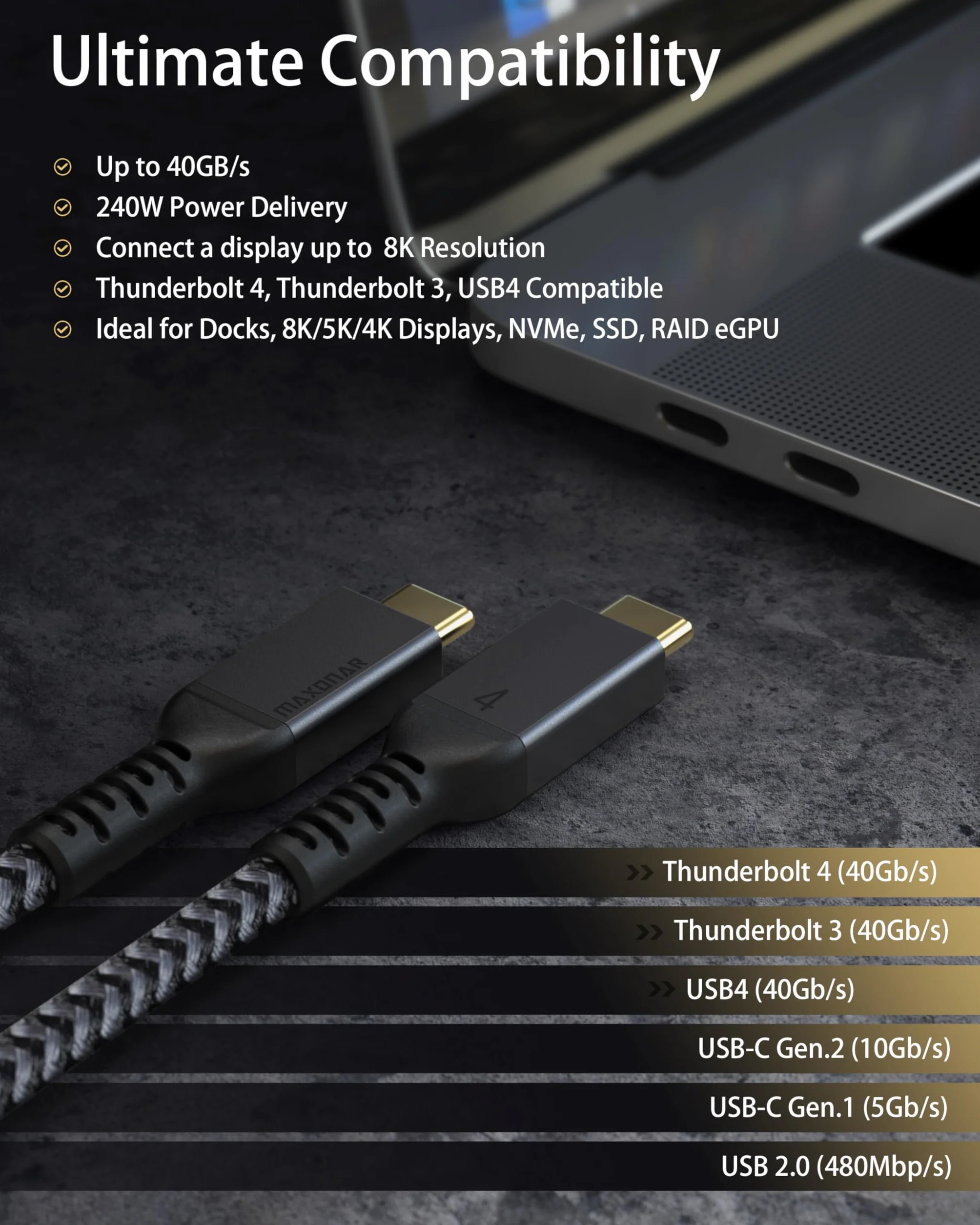 Maxonar Kabel Thunderbolt 4 1.2 m 40Gbps USB C 4.0 100W 8K30Hz 5K60Hz Dual 4K60Hz