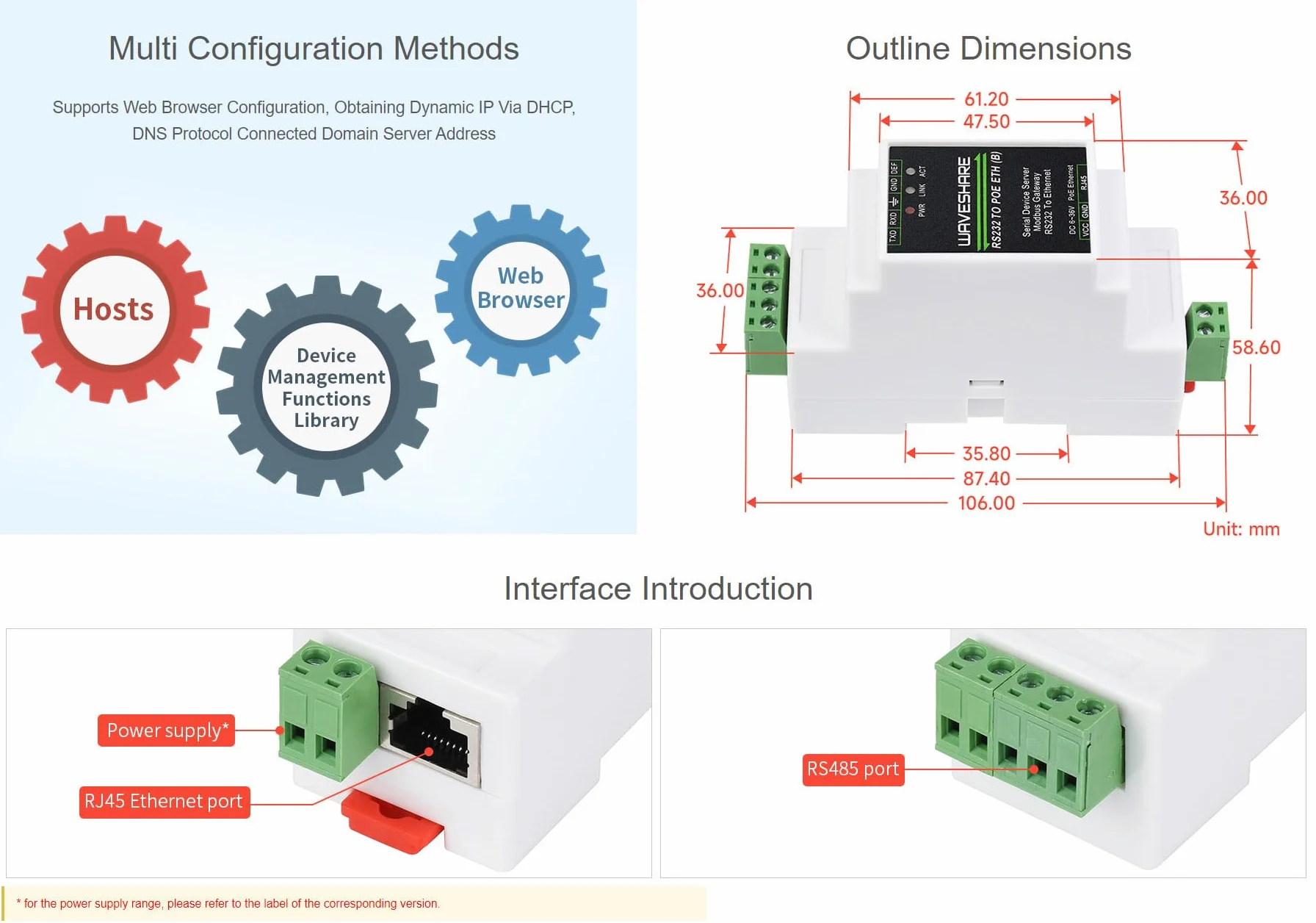Waveshare Industrial Serial Server RS485 To RJ45 Ethernet TCP/IP To Serial Rail-Mount Support with PoE Ethernet Port + Electrical Isolation