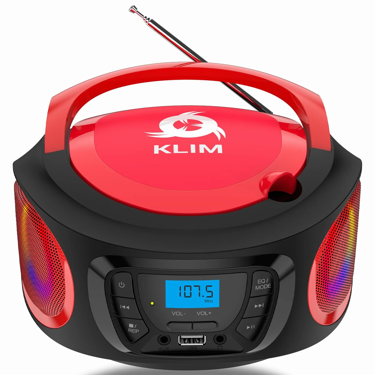 KLIM Boombox Radio CD, nowość 2023 Radio FM, CD Bluetooth, MP3, USB, AUX - baterie do ładowania, tryby przewodowe i bezprzewodowe, kompaktowy i wytrzymały, czerwony